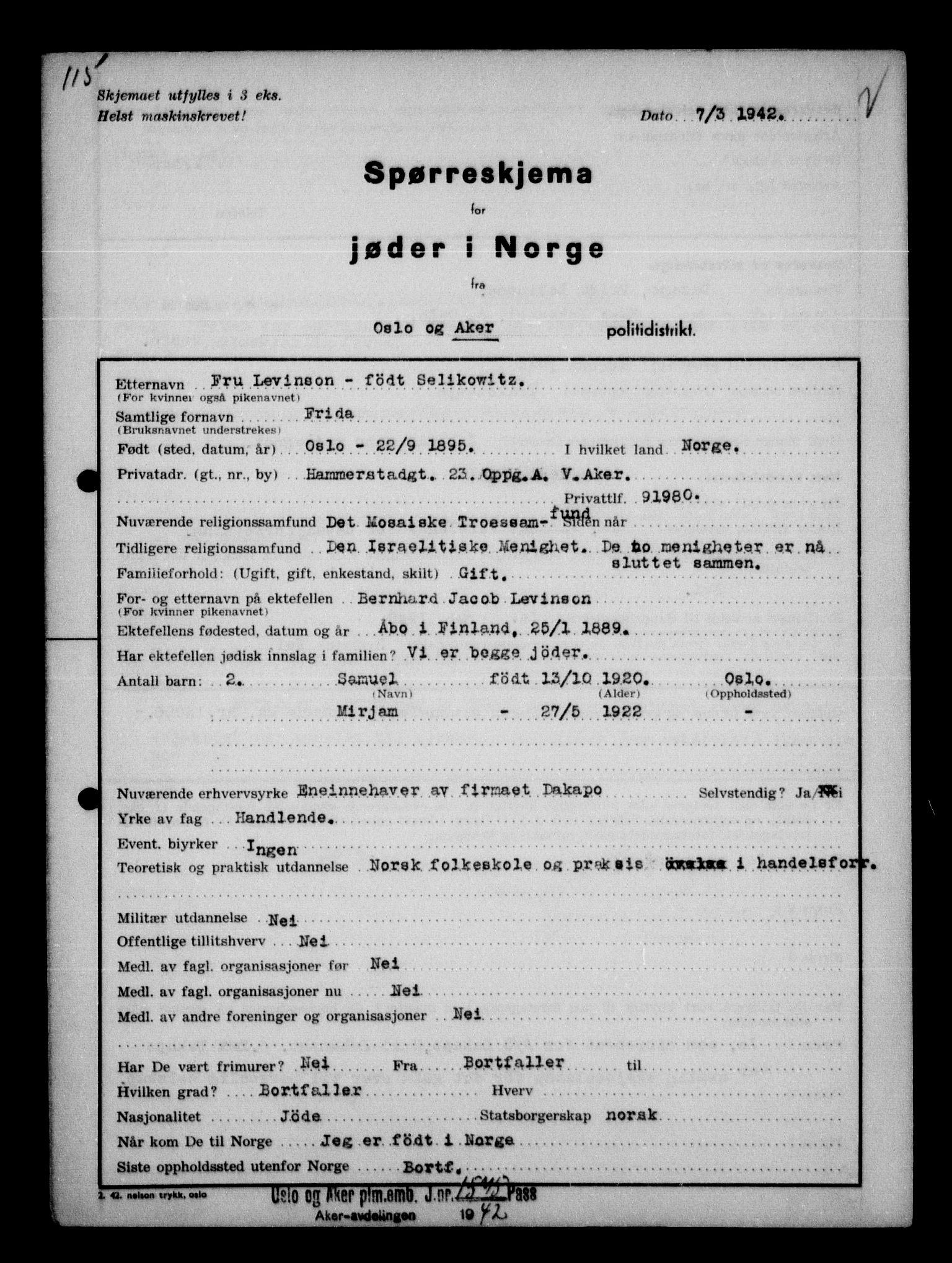 Statspolitiet - Hovedkontoret / Osloavdelingen, AV/RA-S-1329/G/Ga/L0012: Spørreskjema for jøder i Norge. 1: Aker 114- 207 (Levinson-Wozak) og 656 (Salomon). 2: Arendal-Hordaland. 3: Horten-Romerike.  , 1942, s. 6