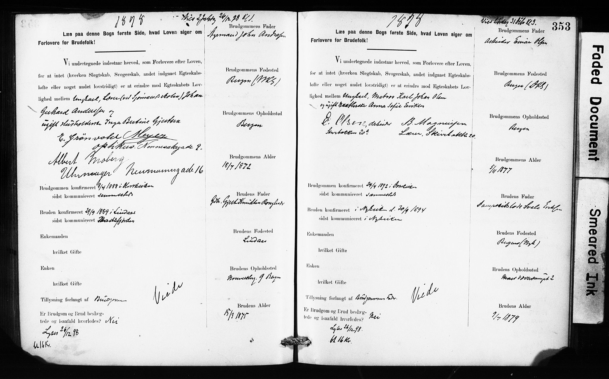 Domkirken sokneprestembete, SAB/A-74801: Forlovererklæringer nr. II.5.10, 1890-1899, s. 353