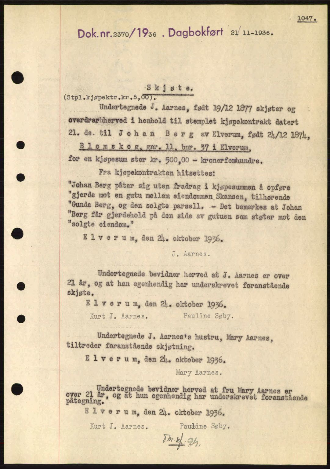 Sør-Østerdal sorenskriveri, SAH/TING-018/H/Hb/Hbb/L0054: Pantebok nr. A54, 1936-1936, Dagboknr: 2370/1936