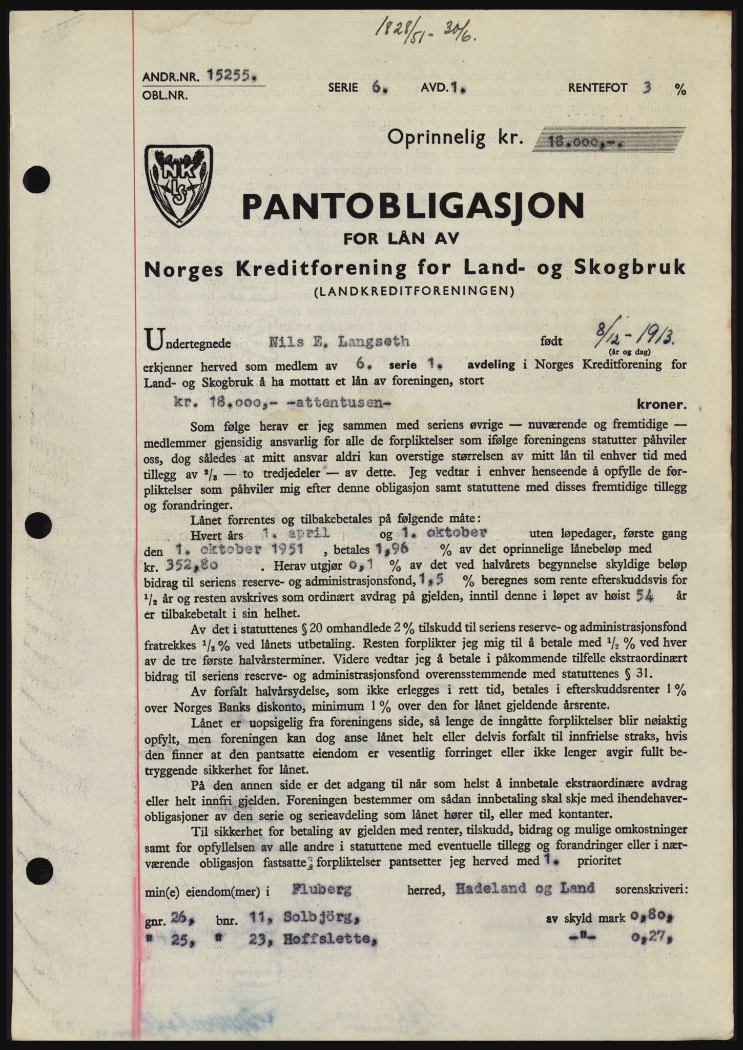 Hadeland og Land tingrett, SAH/TING-010/H/Hb/Hbc/L0021: Pantebok nr. B21, 1951-1951, Dagboknr: 1828/1951