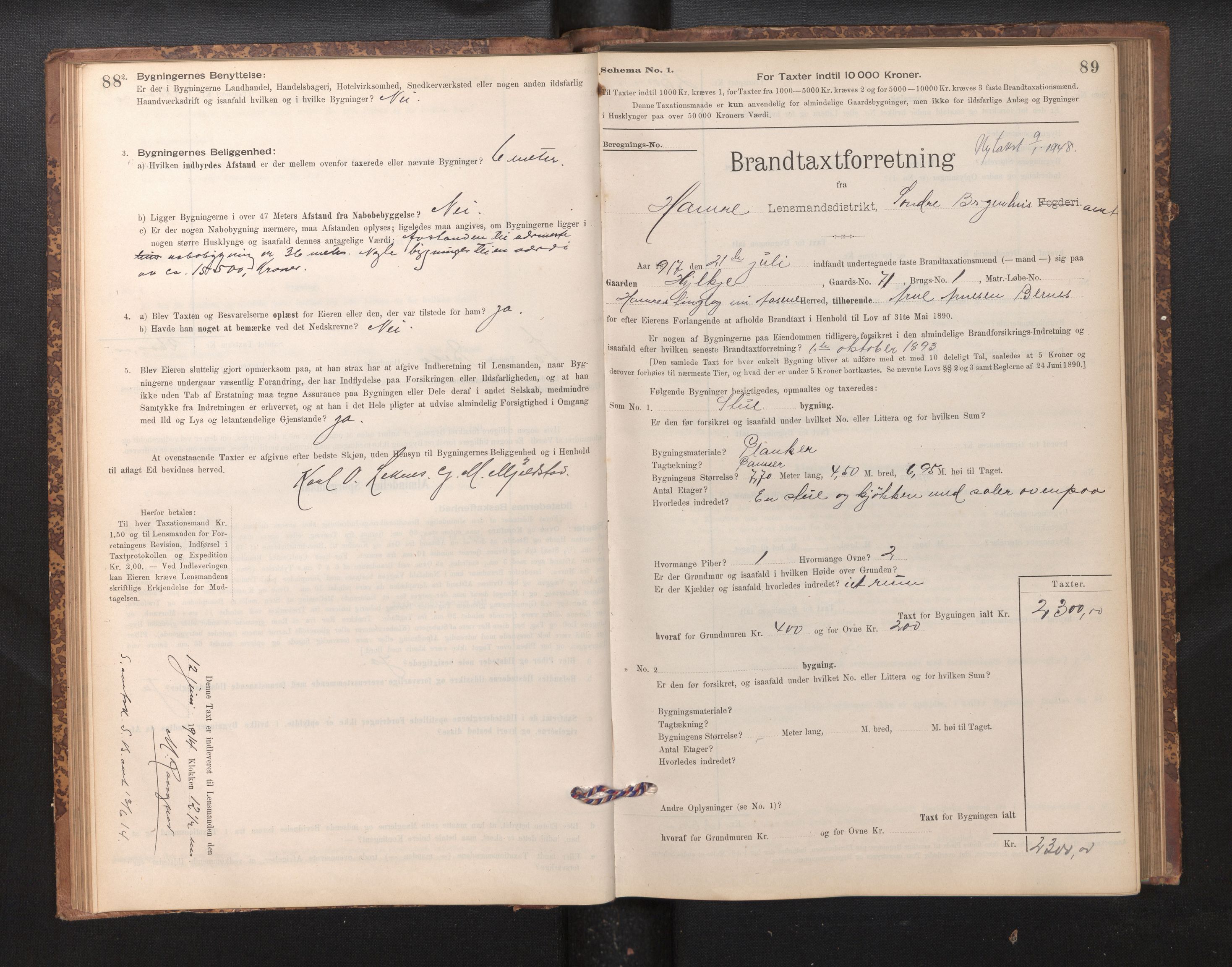 Lensmannen i Hamre, AV/SAB-A-32601/0012/L0004: Branntakstprotokoll, skjematakst, 1895-1920, s. 88-89