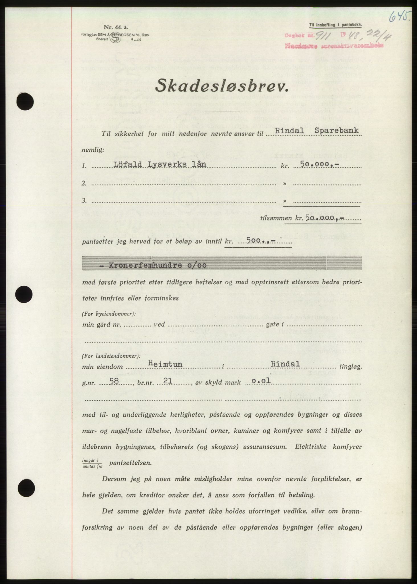 Nordmøre sorenskriveri, SAT/A-4132/1/2/2Ca: Pantebok nr. B98, 1948-1948, Dagboknr: 911/1948