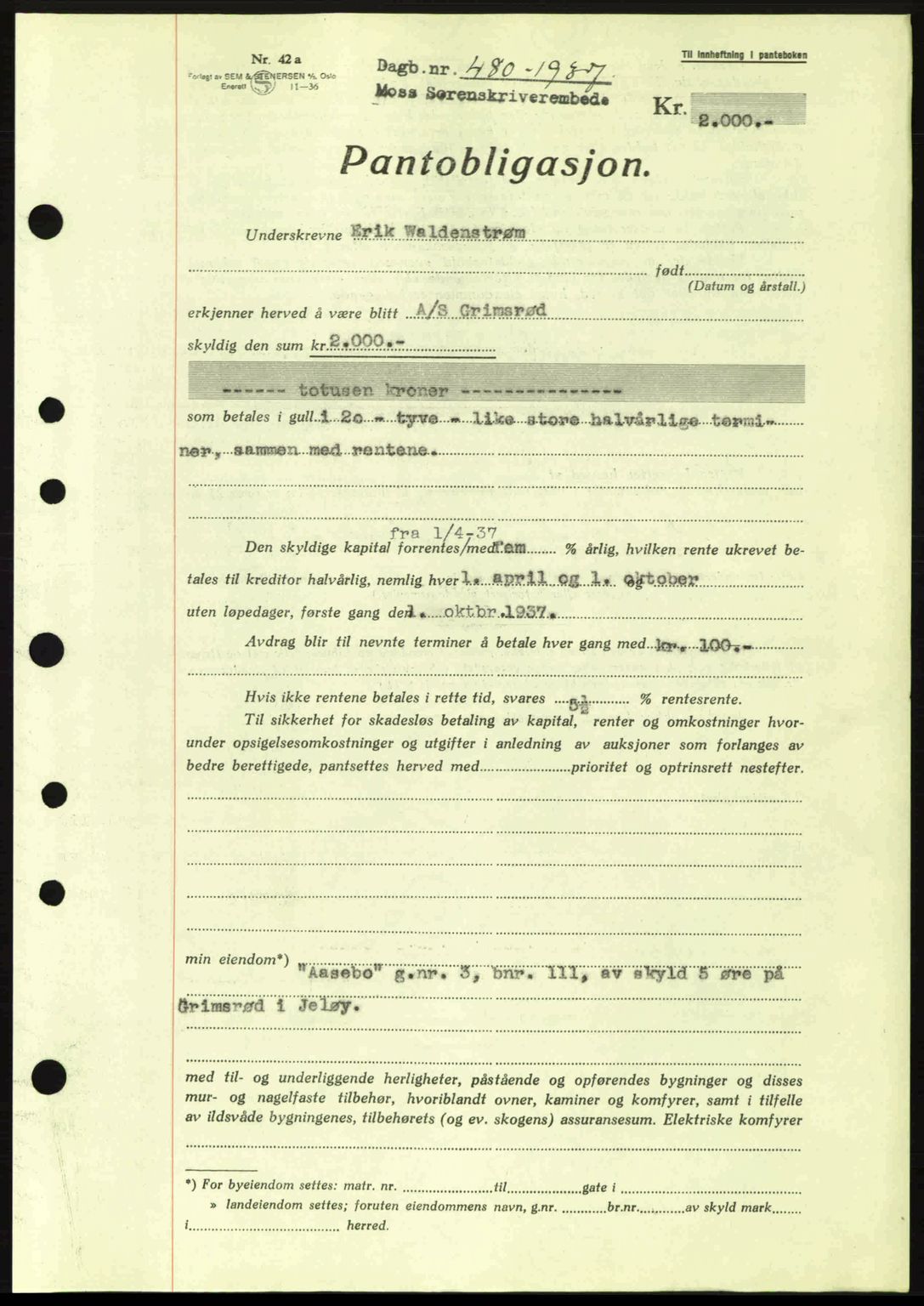 Moss sorenskriveri, SAO/A-10168: Pantebok nr. B3, 1937-1937, Dagboknr: 480/1937