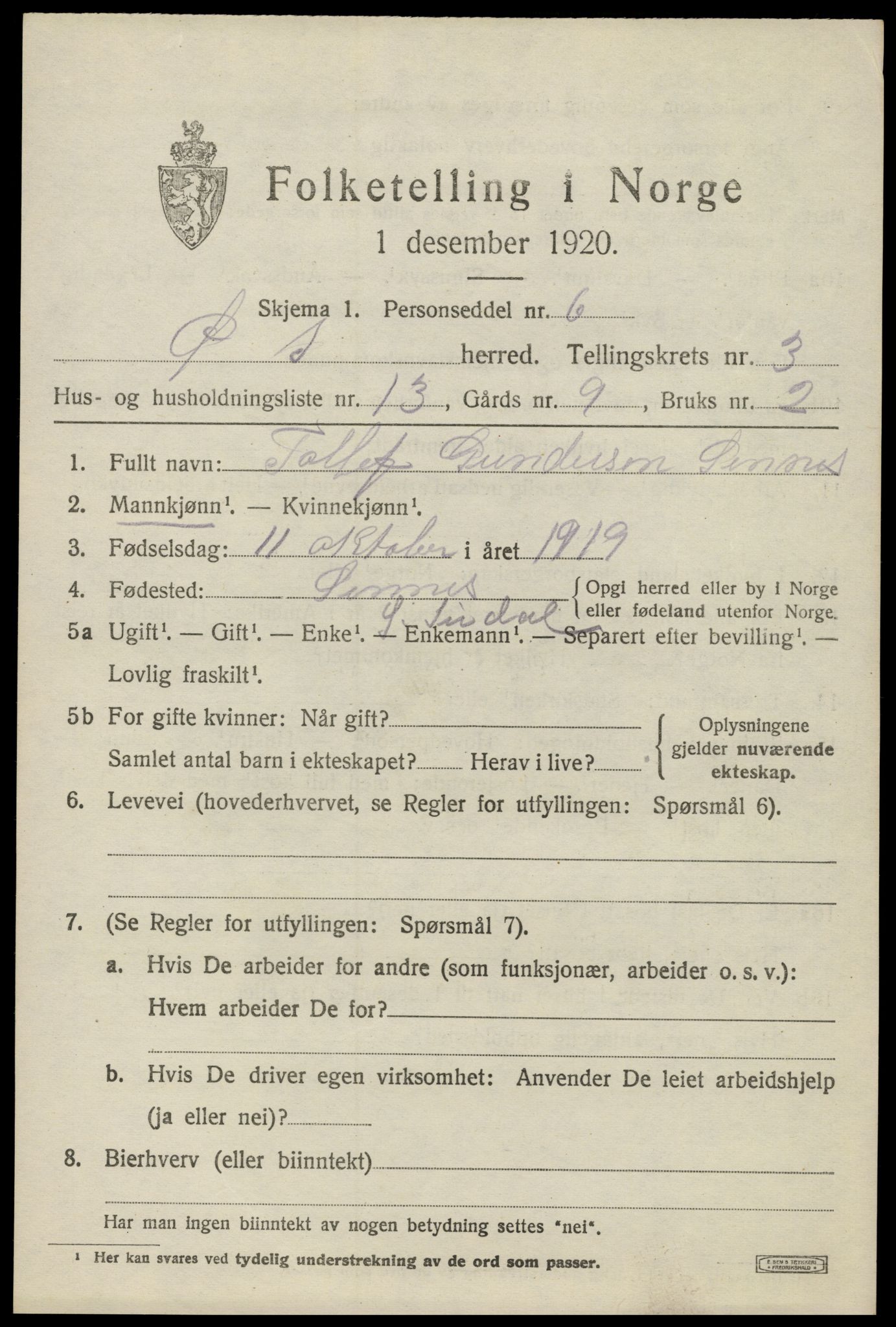 SAK, Folketelling 1920 for 1047 Øvre Sirdal herred, 1920, s. 719