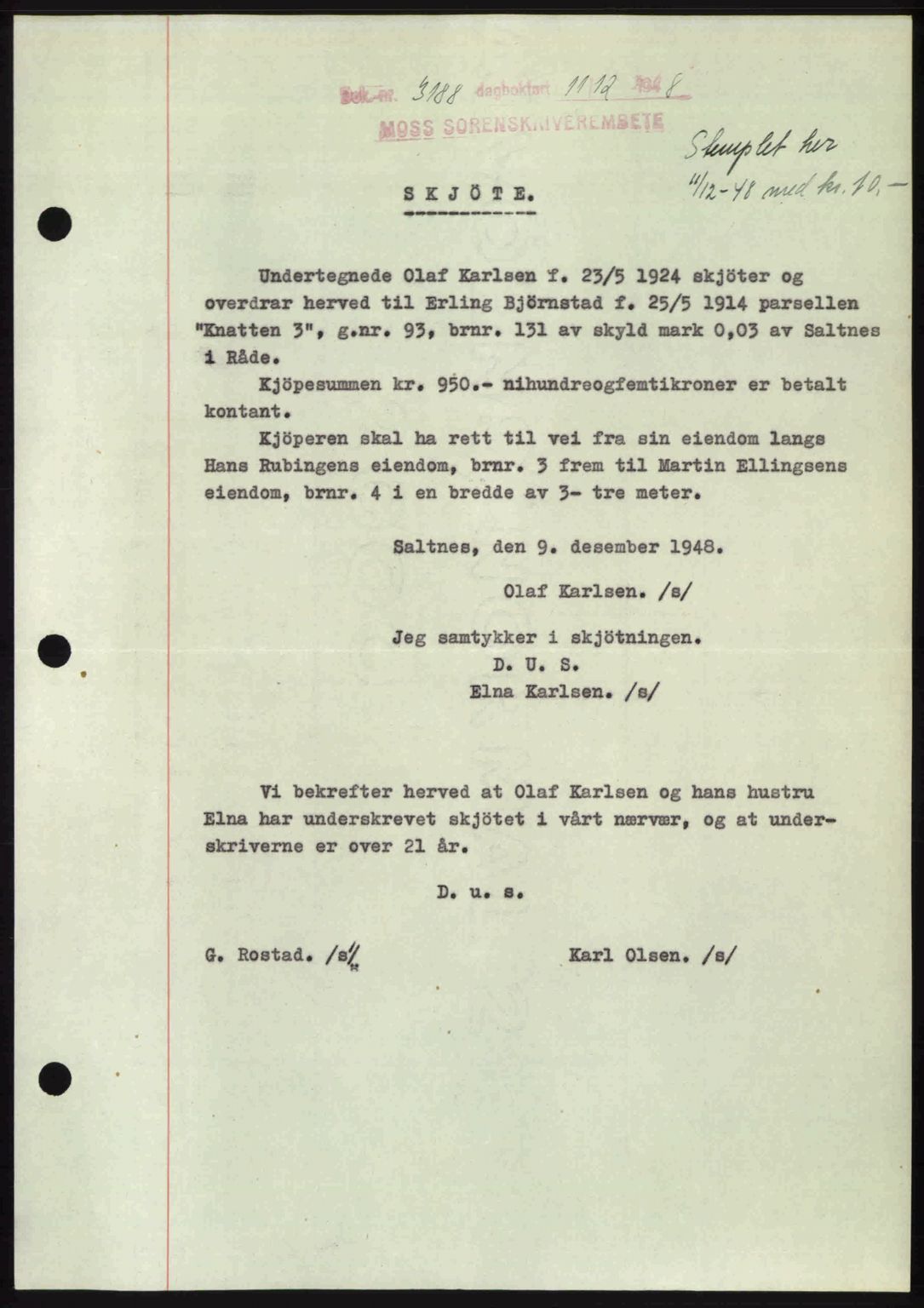 Moss sorenskriveri, SAO/A-10168: Pantebok nr. A20, 1948-1948, Dagboknr: 3188/1948