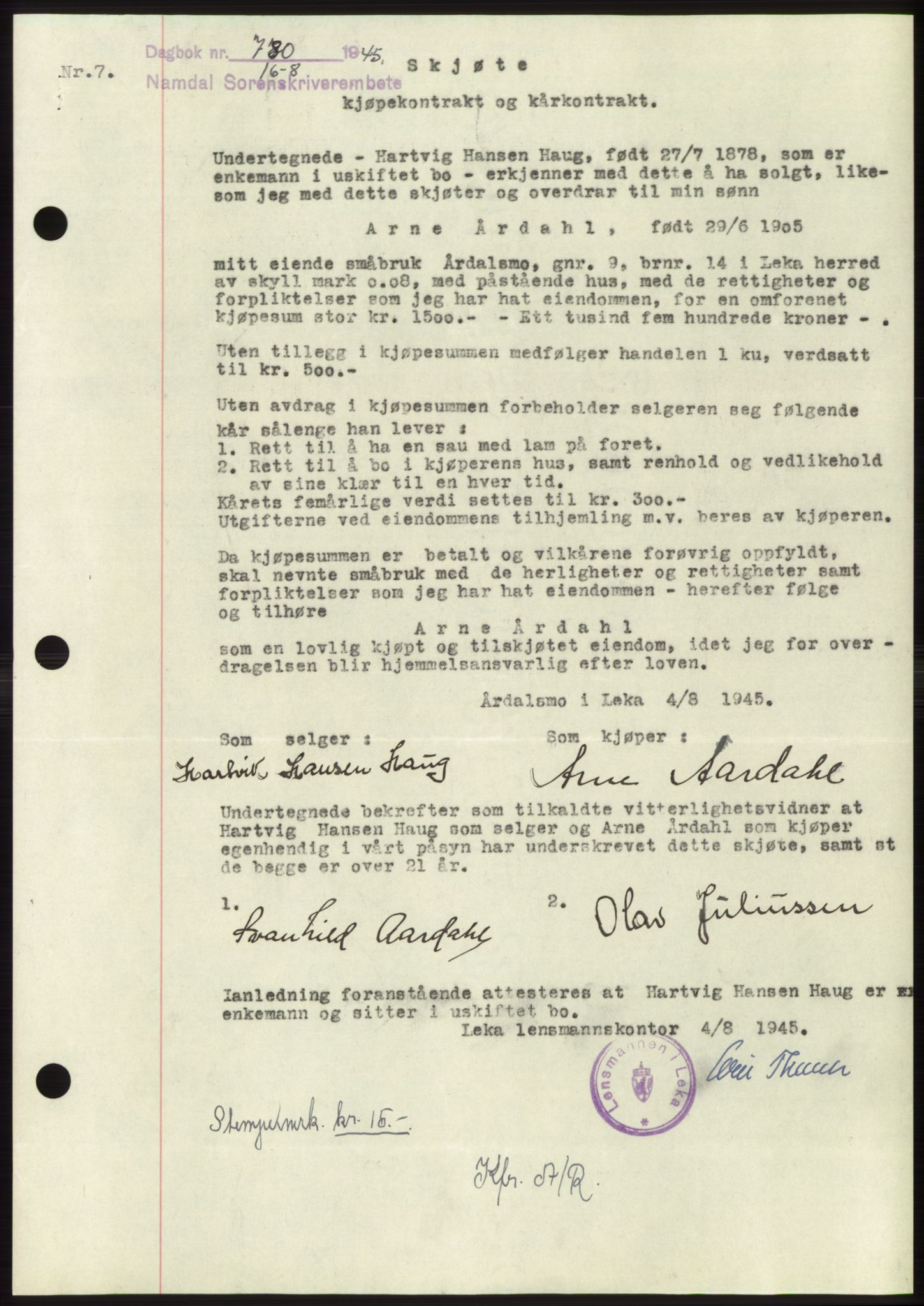 Namdal sorenskriveri, SAT/A-4133/1/2/2C: Pantebok nr. -, 1944-1945, Dagboknr: 780/1945
