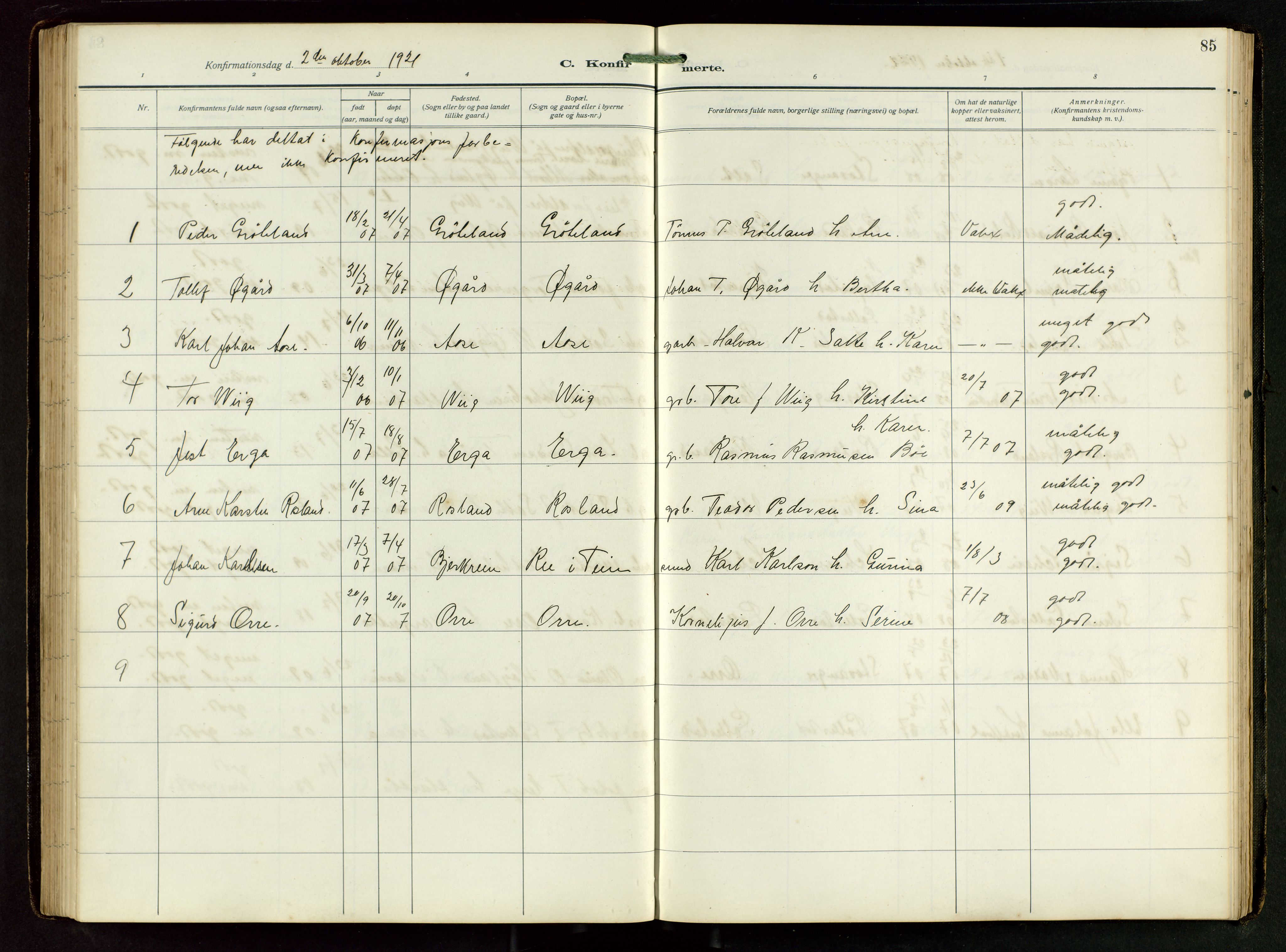 Klepp sokneprestkontor, AV/SAST-A-101803/001/3/30BB/L0008: Klokkerbok nr. B 8, 1918-1949, s. 85