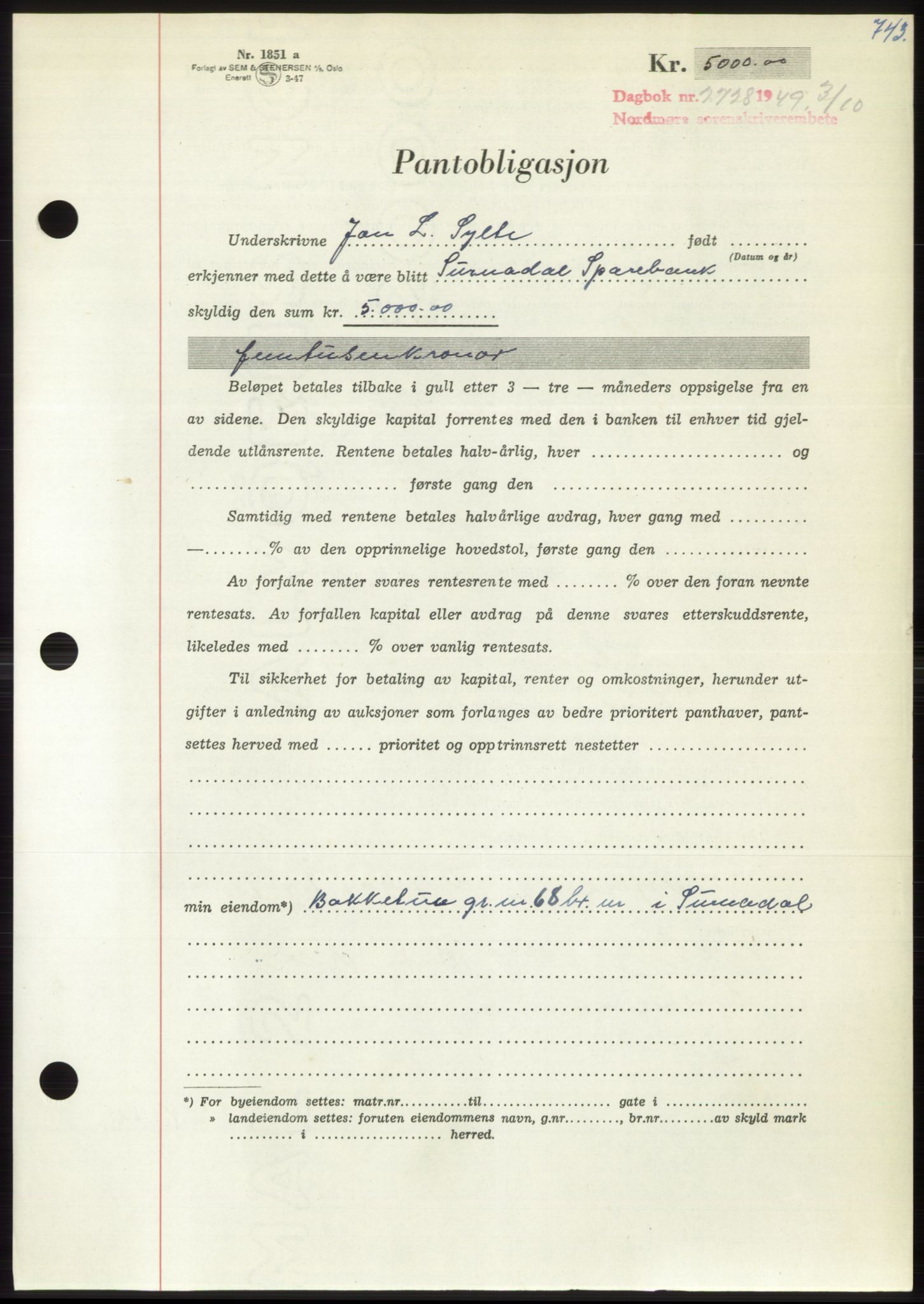 Nordmøre sorenskriveri, AV/SAT-A-4132/1/2/2Ca: Pantebok nr. B102, 1949-1949, Dagboknr: 2728/1949