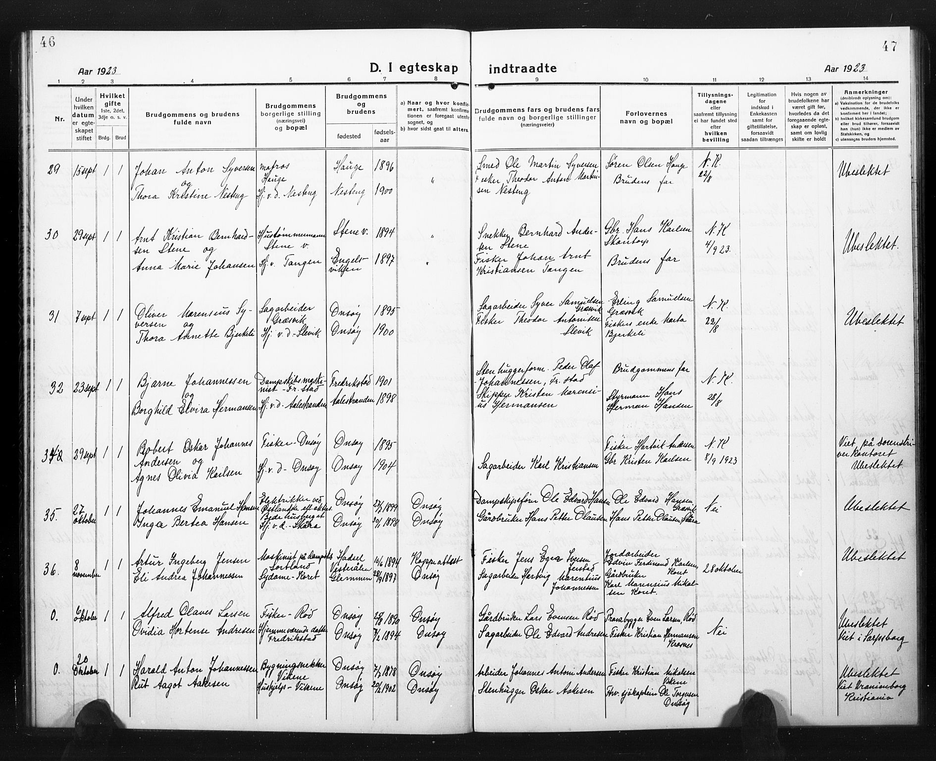 Onsøy prestekontor Kirkebøker, AV/SAO-A-10914/G/Ga/L0004: Klokkerbok nr. I 4, 1919-1927, s. 46-47