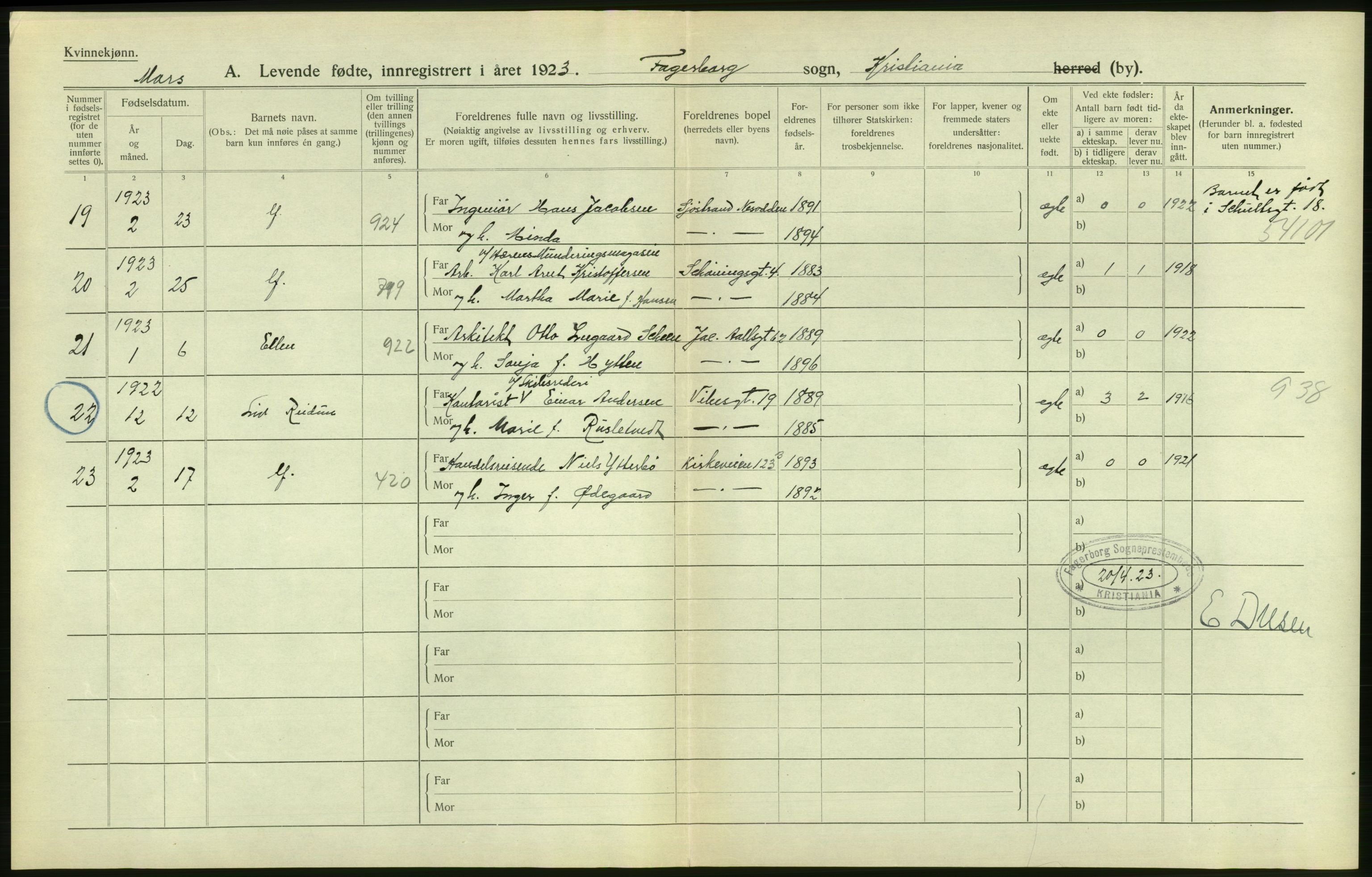 Statistisk sentralbyrå, Sosiodemografiske emner, Befolkning, AV/RA-S-2228/D/Df/Dfc/Dfcc/L0006: Kristiania: Levendefødte menn og kvinner., 1923, s. 82