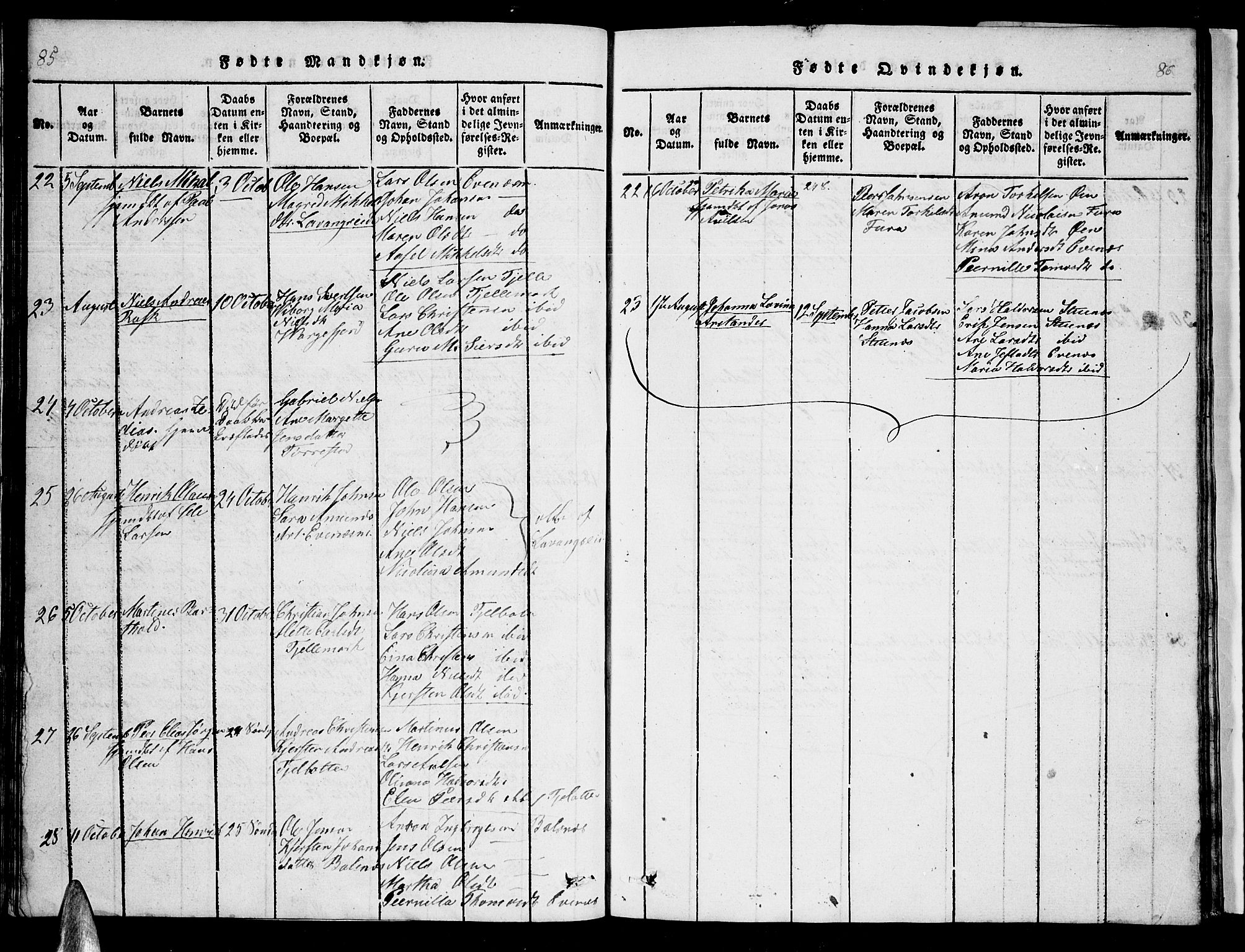 Ministerialprotokoller, klokkerbøker og fødselsregistre - Nordland, AV/SAT-A-1459/863/L0911: Klokkerbok nr. 863C01, 1821-1858, s. 85-86