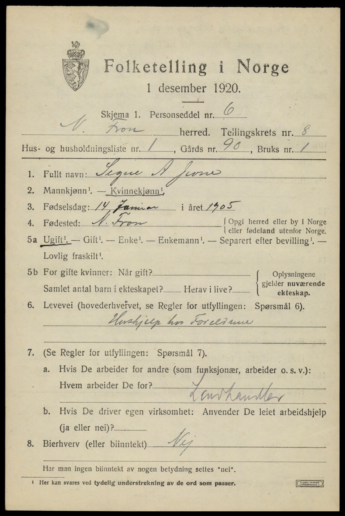 SAH, Folketelling 1920 for 0518 Nord-Fron herred, 1920, s. 6684