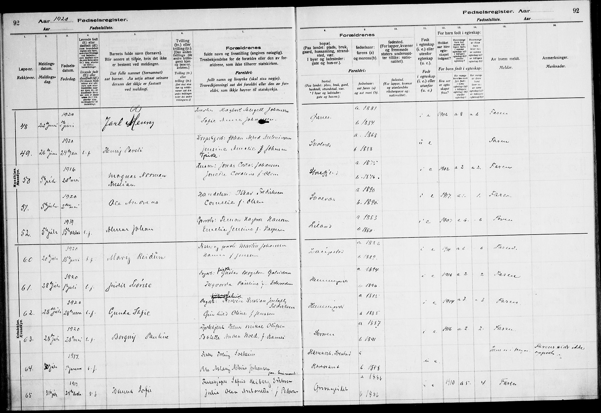 Ministerialprotokoller, klokkerbøker og fødselsregistre - Nordland, SAT/A-1459/874/L1089: Fødselsregister nr. 874.II.4.1, 1916-1926, s. 92