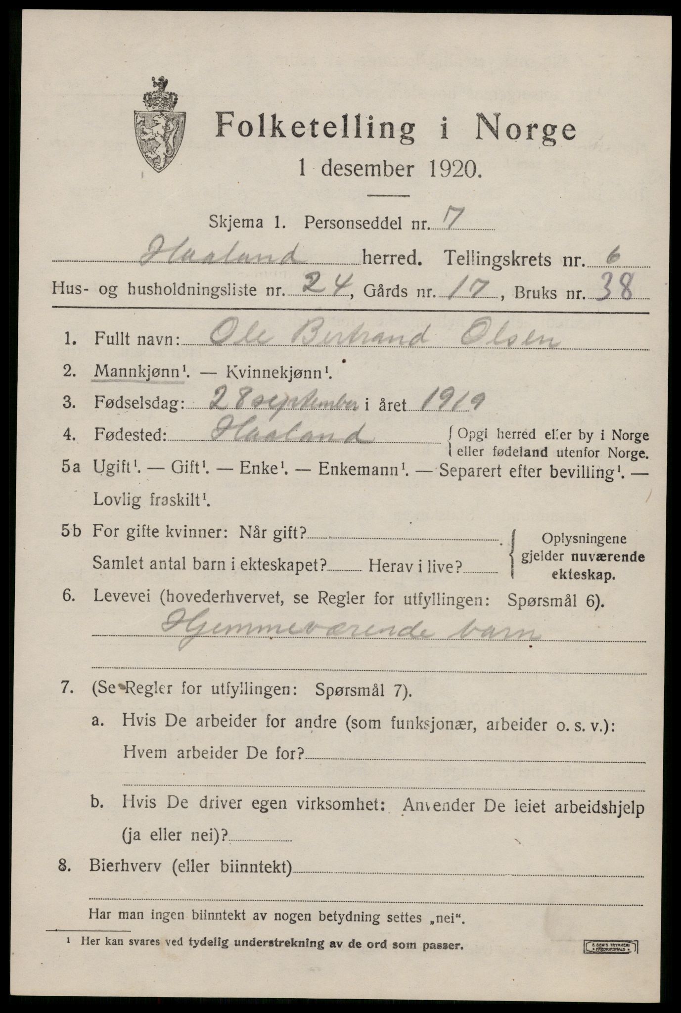 SAST, Folketelling 1920 for 1124 Håland herred, 1920, s. 5273