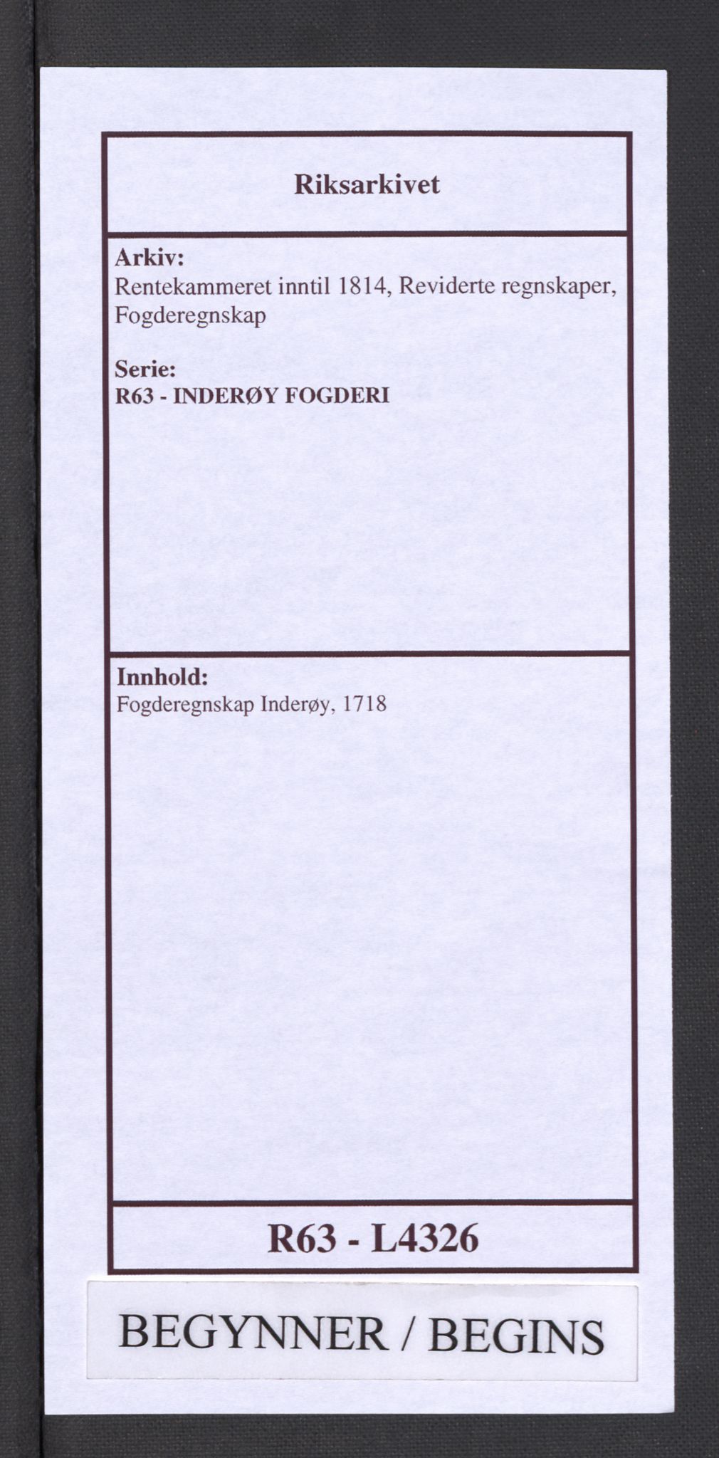 Rentekammeret inntil 1814, Reviderte regnskaper, Fogderegnskap, RA/EA-4092/R63/L4326: Fogderegnskap Inderøy, 1718, s. 1
