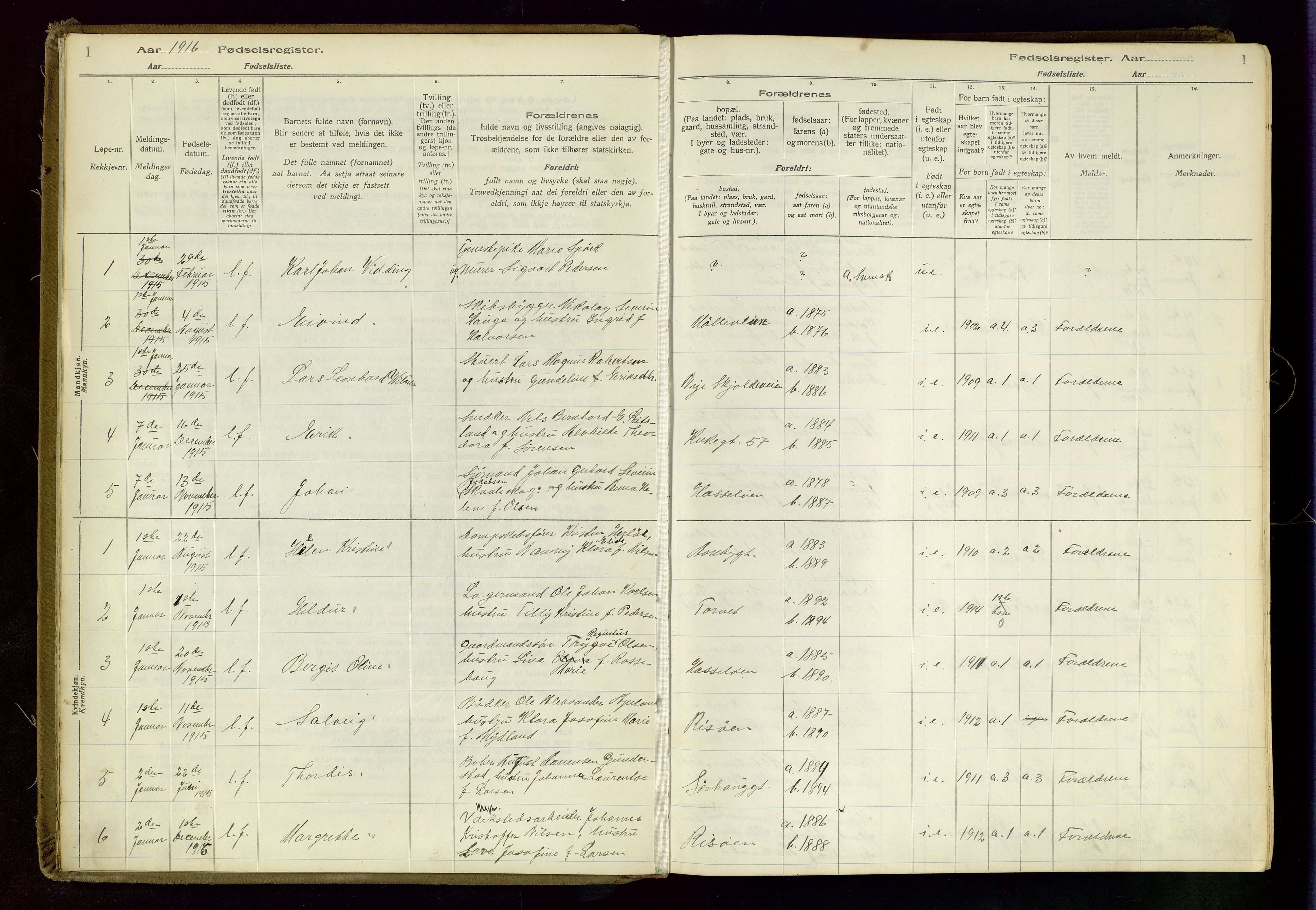 Haugesund sokneprestkontor, SAST/A -101863/I/Id/L0003: Fødselsregister nr. 1, 1916-1919, s. 1