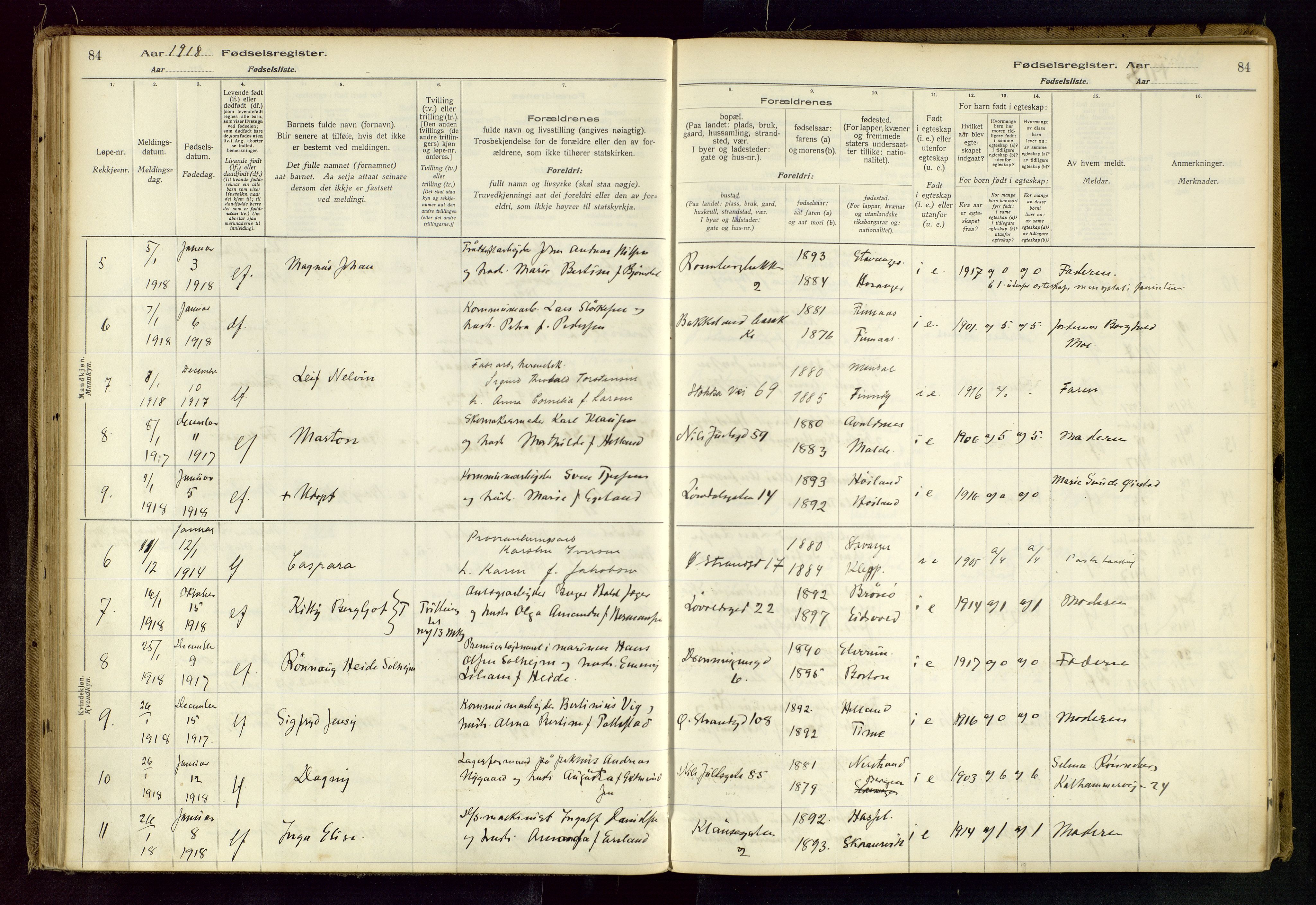 Domkirken sokneprestkontor, AV/SAST-A-101812/002/B/L0001: Fødselsregister nr. 1, 1916-1920, s. 84