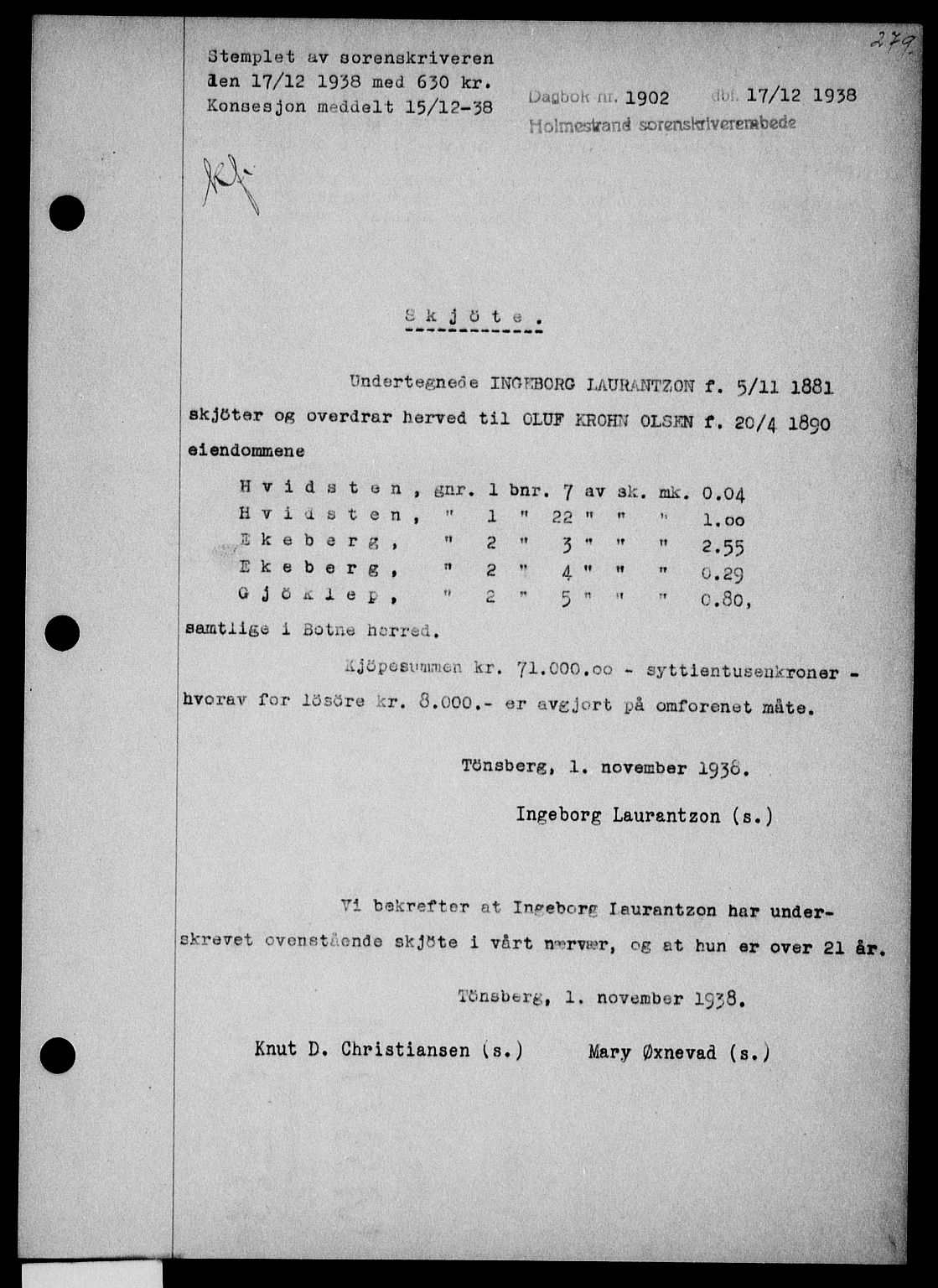 Holmestrand sorenskriveri, SAKO/A-67/G/Ga/Gaa/L0050: Pantebok nr. A-50, 1938-1939, Dagboknr: 1902/1938