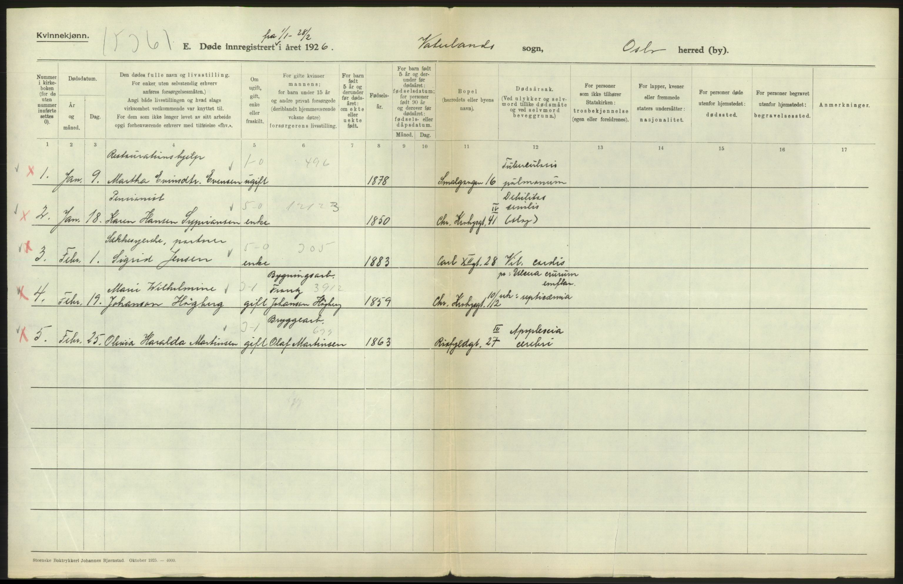 Statistisk sentralbyrå, Sosiodemografiske emner, Befolkning, AV/RA-S-2228/D/Df/Dfc/Dfcf/L0010: Oslo: Døde kvinner, dødfødte, 1926, s. 448