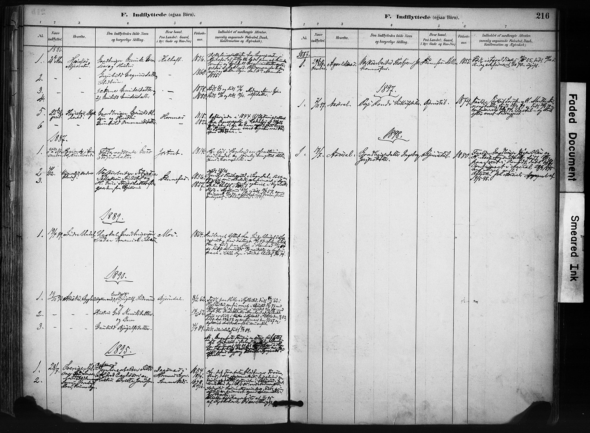 Evje sokneprestkontor, SAK/1111-0008/F/Fa/Fab/L0003: Ministerialbok nr. A 3, 1884-1909, s. 216