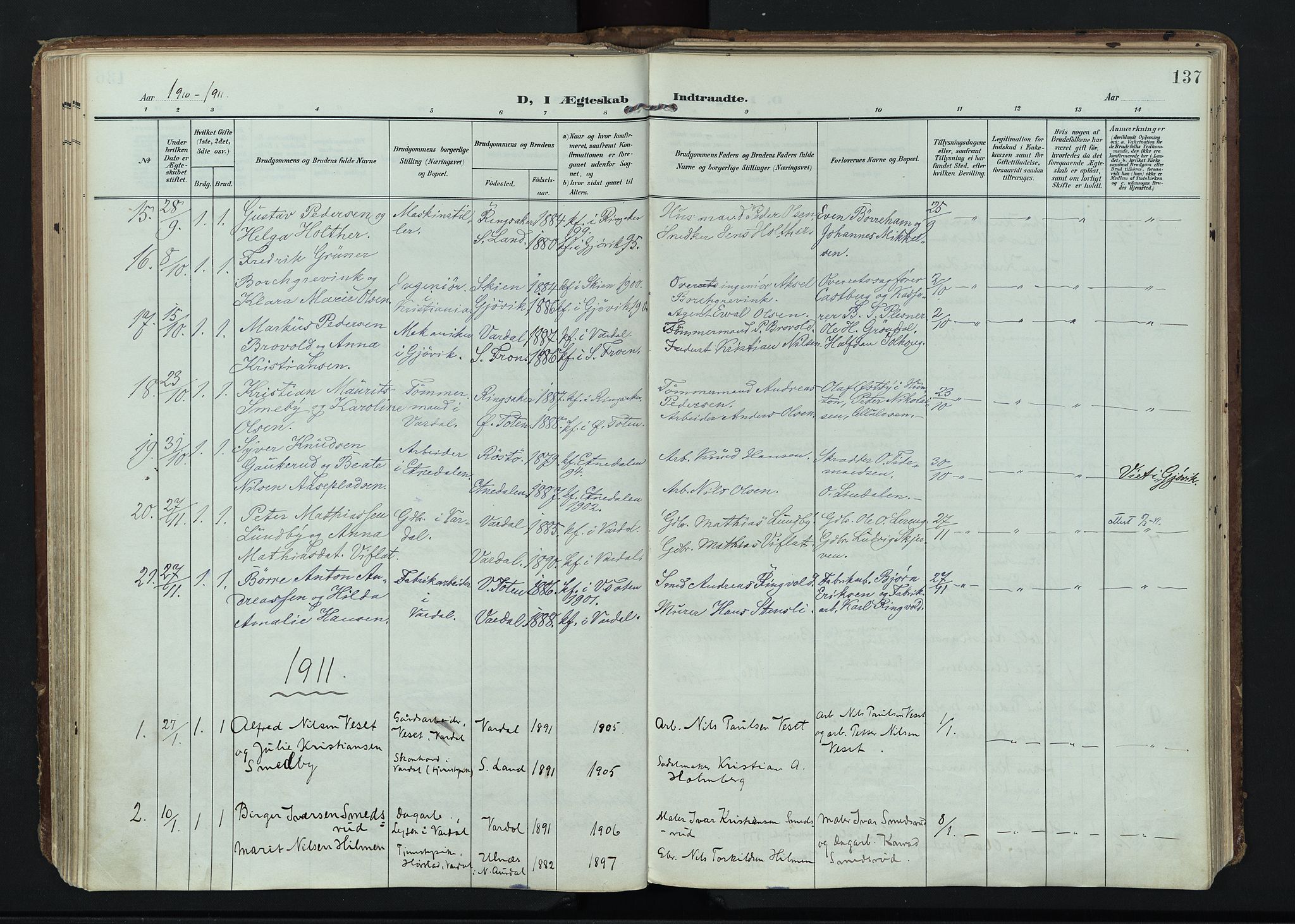 Vardal prestekontor, AV/SAH-PREST-100/H/Ha/Haa/L0020: Ministerialbok nr. 20, 1907-1921, s. 137