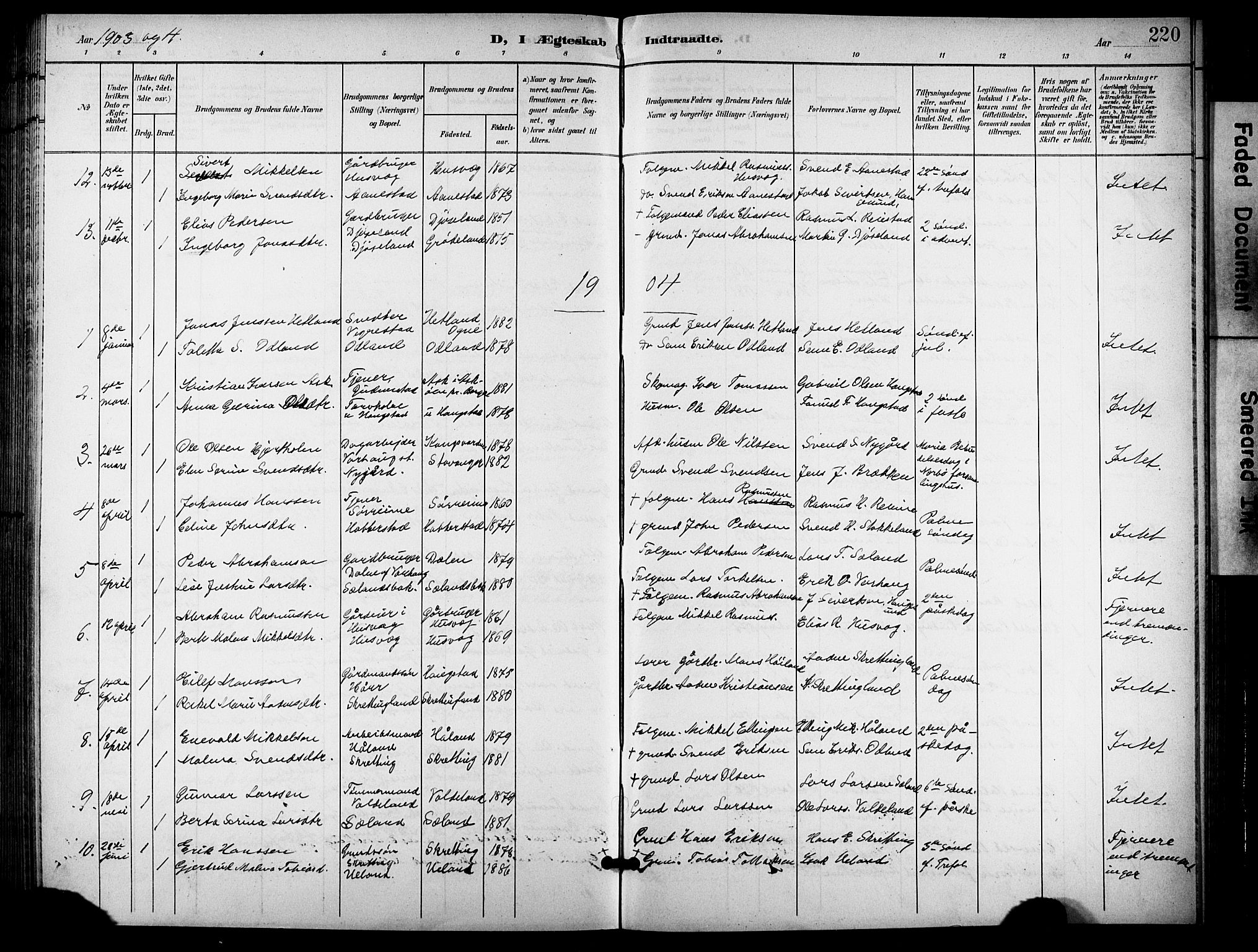 Hå sokneprestkontor, AV/SAST-A-101801/001/30BB/L0006: Klokkerbok nr. B 6, 1900-1924, s. 220