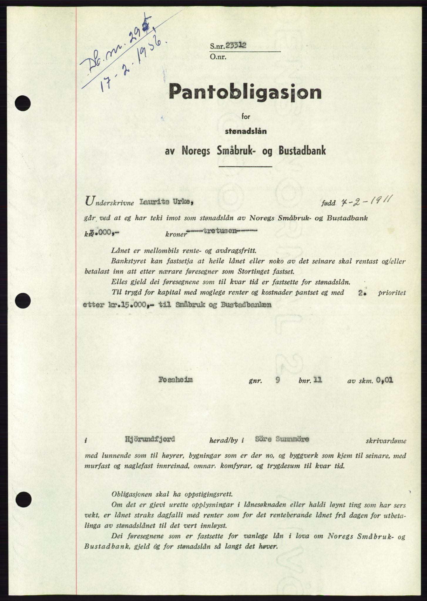 Søre Sunnmøre sorenskriveri, SAT/A-4122/1/2/2C/L0128: Pantebok nr. 16B, 1956-1956, Dagboknr: 295/1956