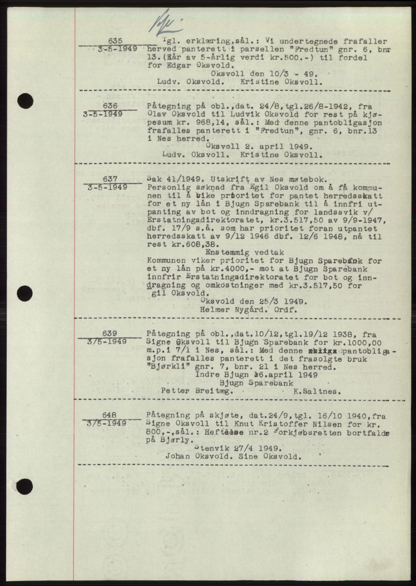 Fosen sorenskriveri, AV/SAT-A-1107/1/2/2C: Pantebok nr. B3, 1948-1950, Dagboknr: 635/1949