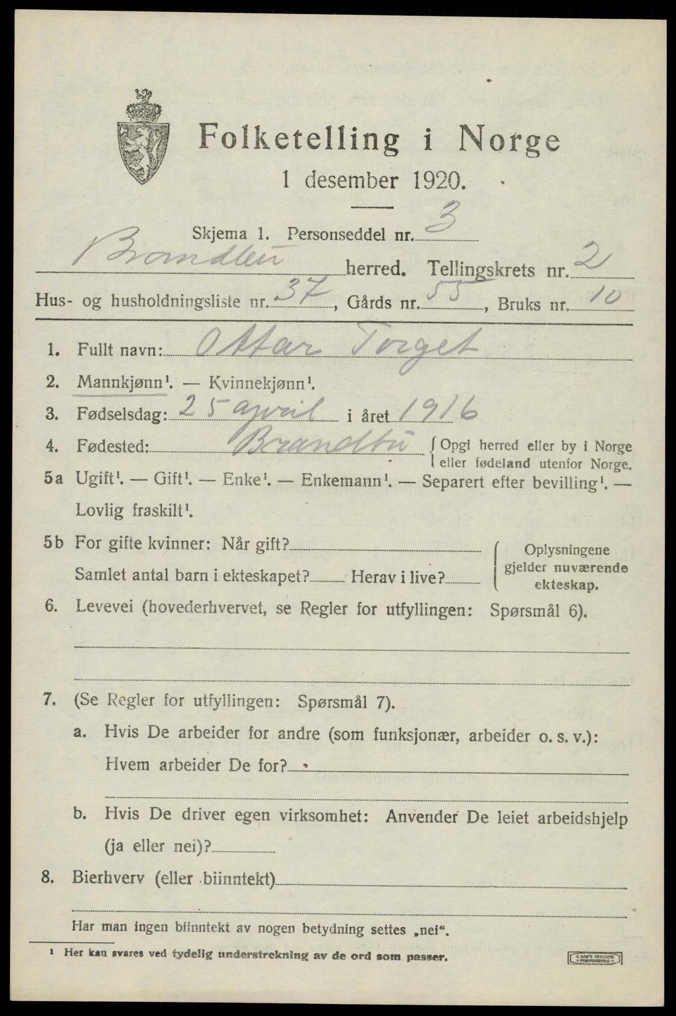 SAH, Folketelling 1920 for 0535 Brandbu herred, 1920, s. 3907