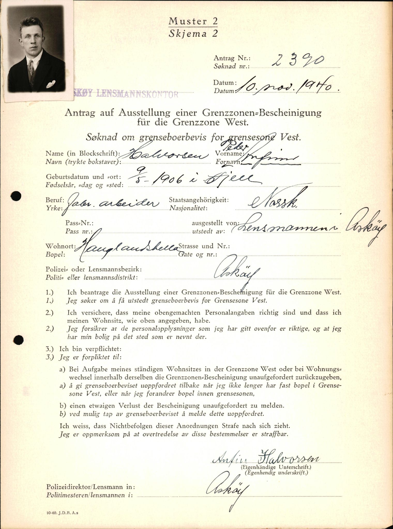 Lensmannen i Askøy, AV/SAB-A-31001/0026/L0008: Søknader om grensebuarbevis 2126 - 2550, 1940, s. 531