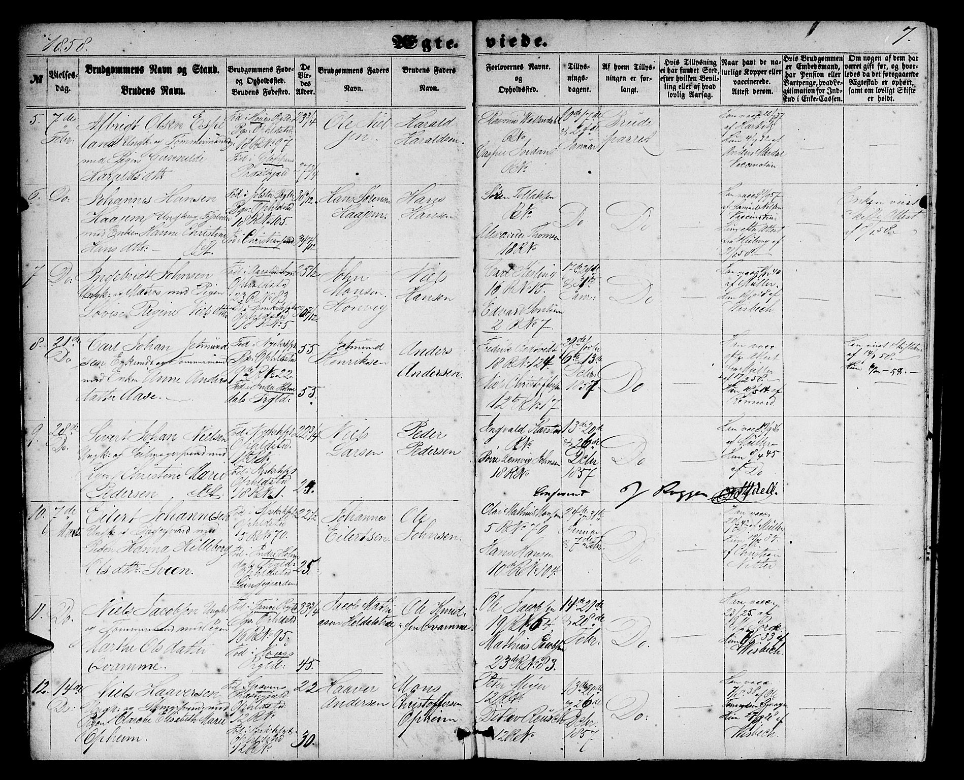 Domkirken sokneprestembete, AV/SAB-A-74801/H/Hab/L0030: Klokkerbok nr. D 2, 1857-1876, s. 7