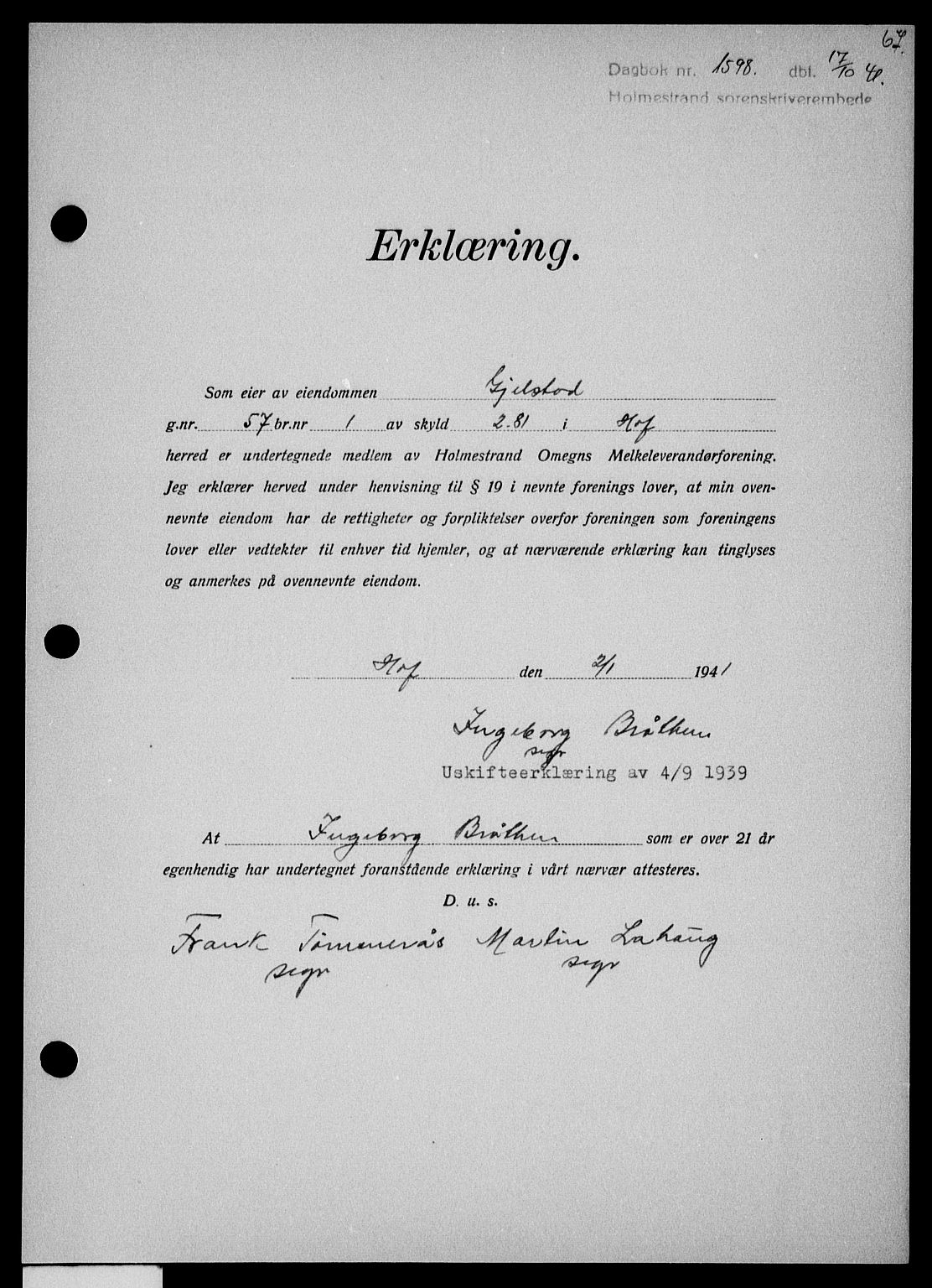 Holmestrand sorenskriveri, SAKO/A-67/G/Ga/Gaa/L0054: Pantebok nr. A-54, 1941-1942, Dagboknr: 1598/1941