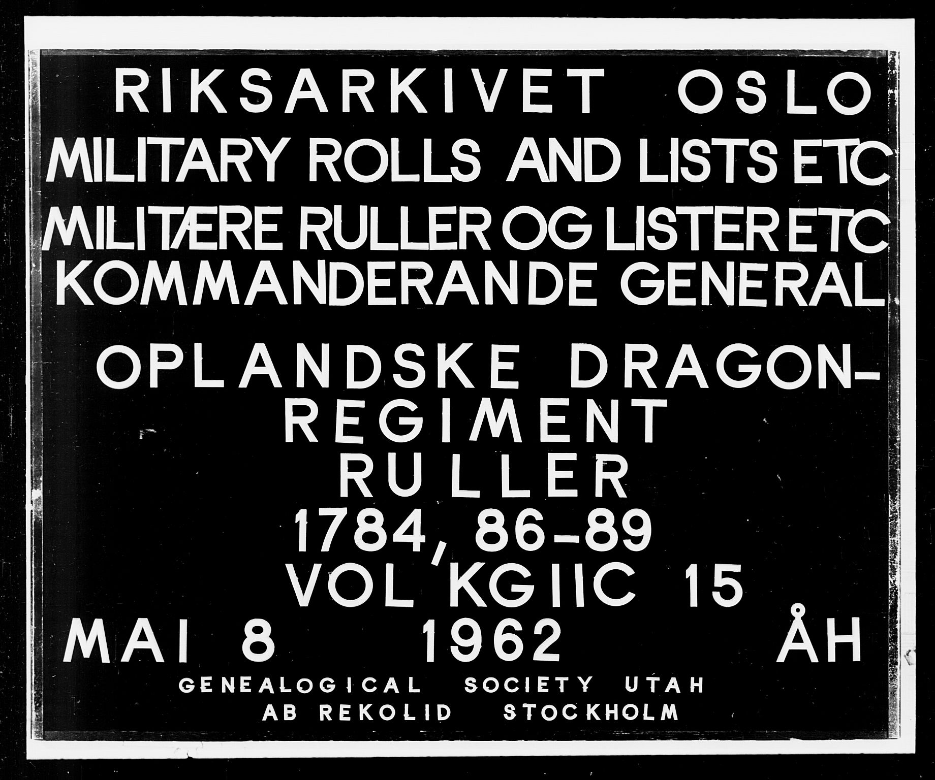 Generalitets- og kommissariatskollegiet, Det kongelige norske kommissariatskollegium, RA/EA-5420/E/Eh/L0015: Opplandske dragonregiment, 1784-1789, s. 1