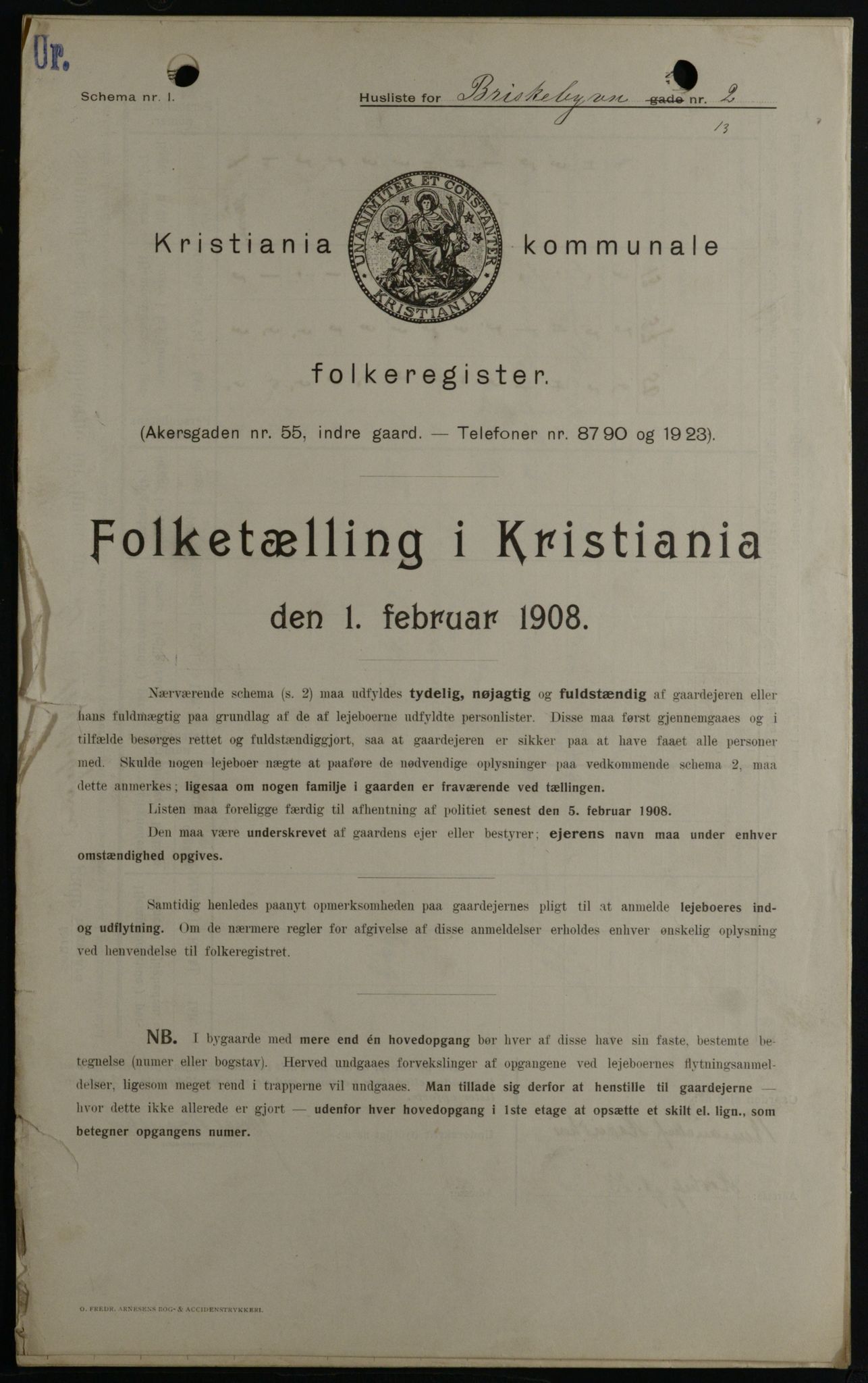 OBA, Kommunal folketelling 1.2.1908 for Kristiania kjøpstad, 1908, s. 8697