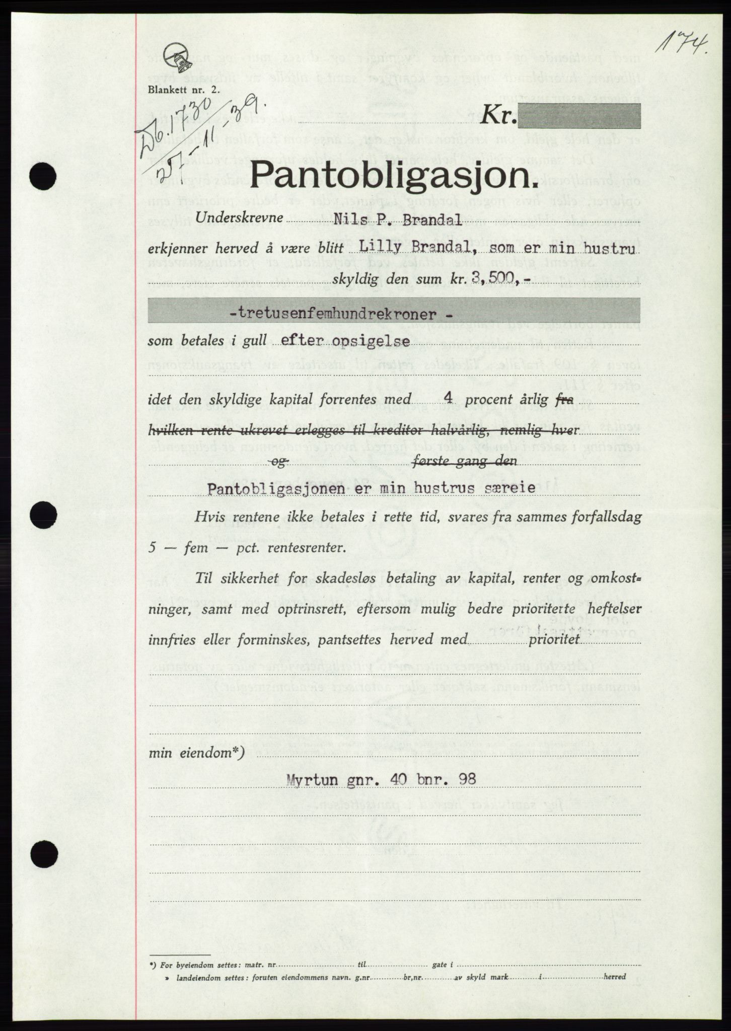 Søre Sunnmøre sorenskriveri, SAT/A-4122/1/2/2C/L0069: Pantebok nr. 63, 1939-1940, Dagboknr: 1730/1939