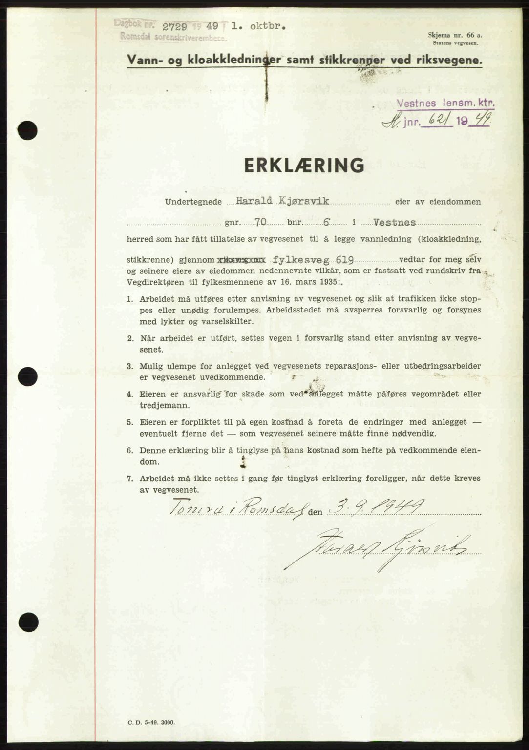 Romsdal sorenskriveri, SAT/A-4149/1/2/2C: Pantebok nr. A31, 1949-1949, Dagboknr: 2729/1949