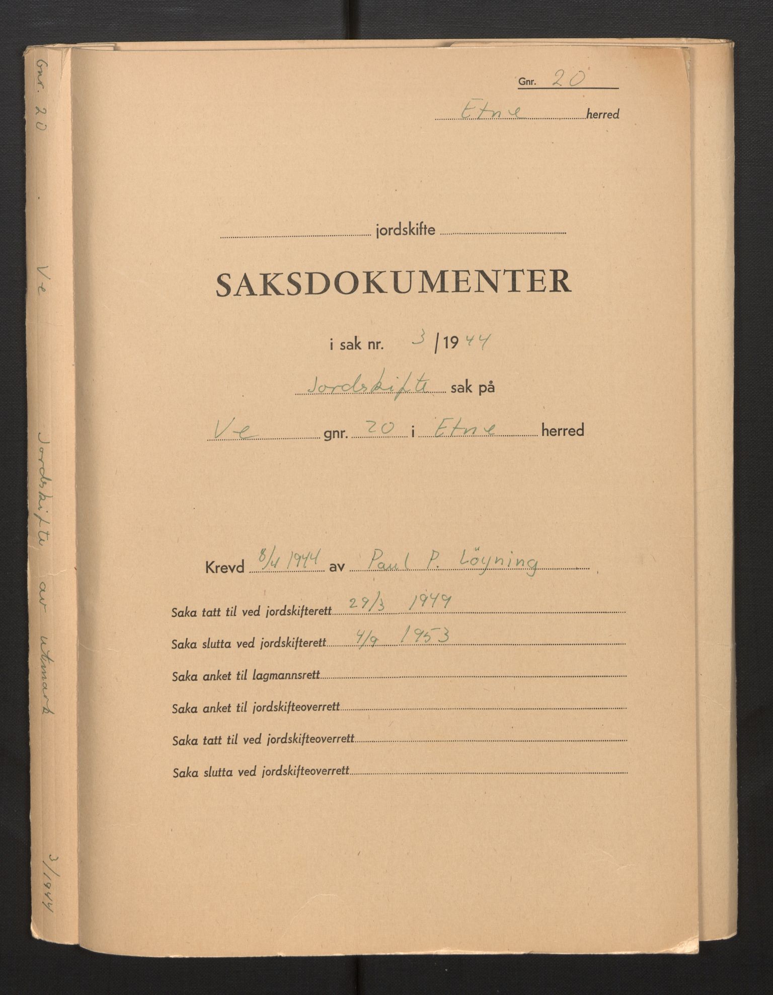 Hordaland jordskiftedøme - VII Indre Sunnhordland jordskiftedistrikt, SAB/A-7401/B/Bb/L0003: Etne gnr. 14-23, 1949-1953, s. 1