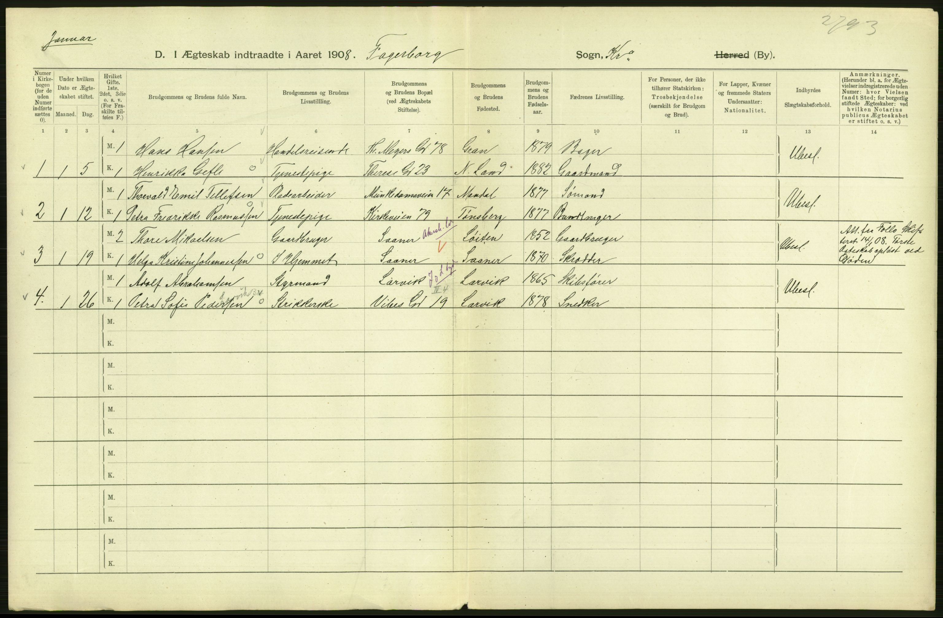 Statistisk sentralbyrå, Sosiodemografiske emner, Befolkning, AV/RA-S-2228/D/Df/Dfa/Dfaf/L0007: Kristiania: Gifte, 1908, s. 372