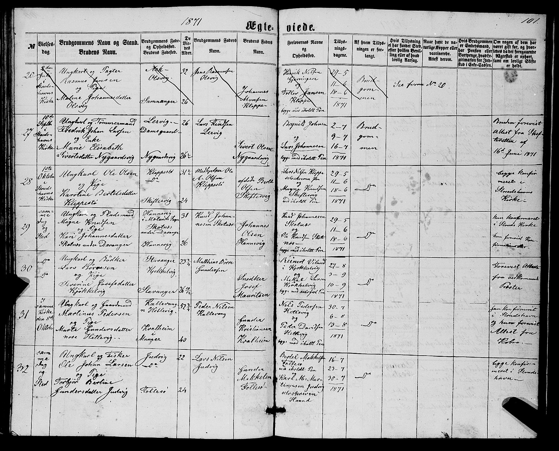 Askøy Sokneprestembete, SAB/A-74101/H/Ha/Hab/Haba/L0006: Klokkerbok nr. A 6, 1861-1881, s. 101