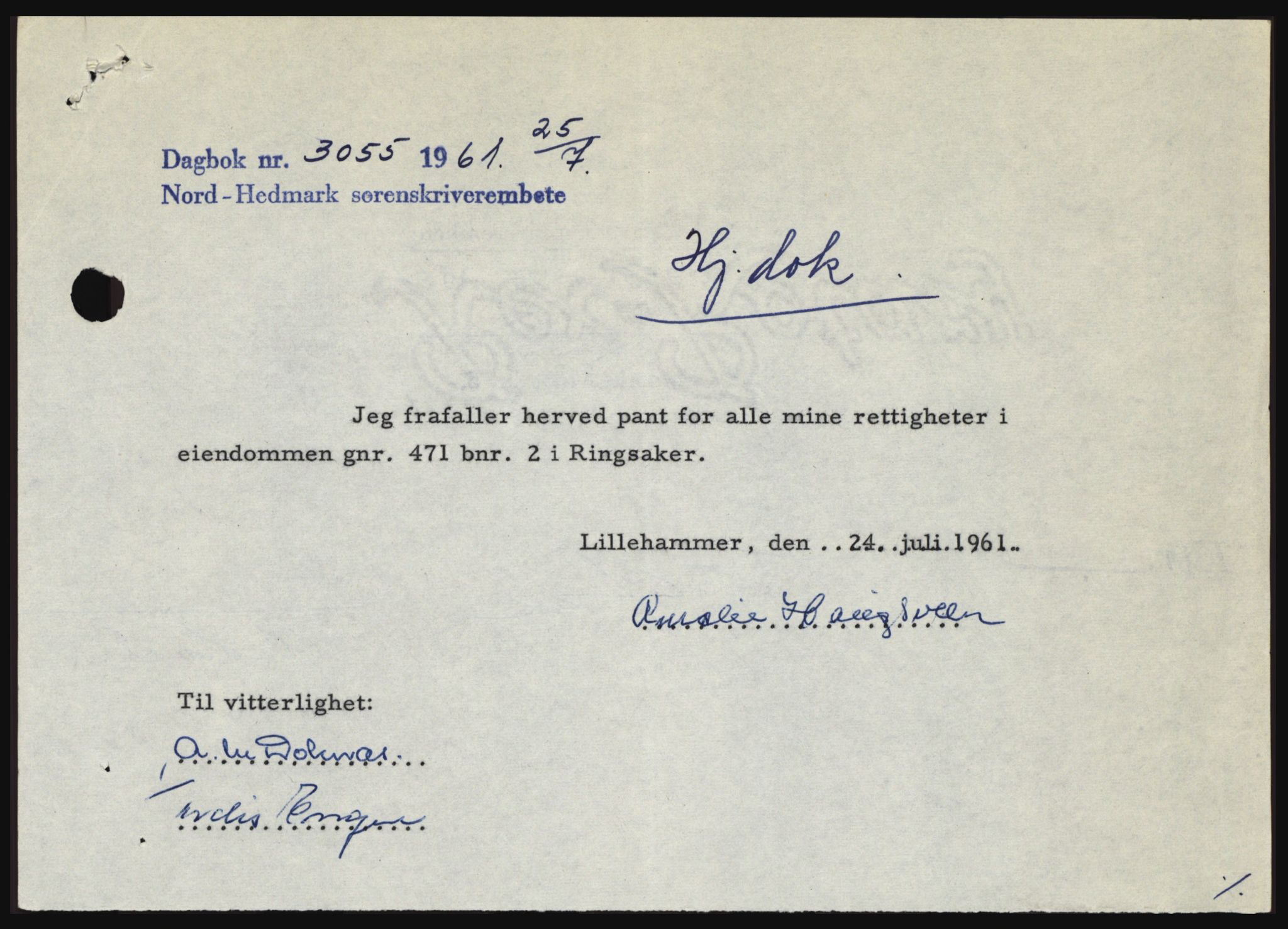 Nord-Hedmark sorenskriveri, SAH/TING-012/H/Hc/L0015: Pantebok nr. 15, 1961-1961, Dagboknr: 3055/1961