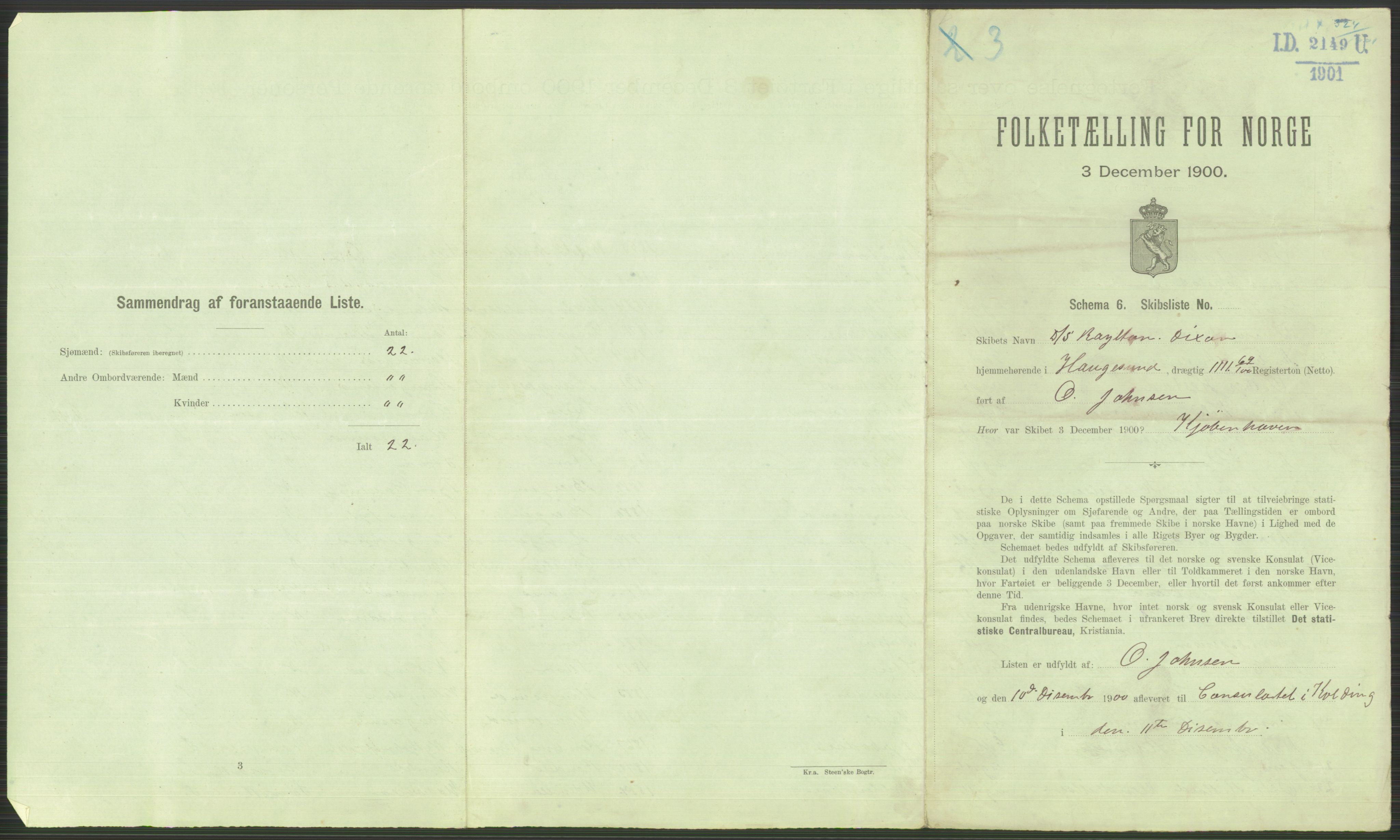 RA, Folketelling 1900 - skipslister med personlister for skip i norske havner, utenlandske havner og til havs, 1900, s. 3595