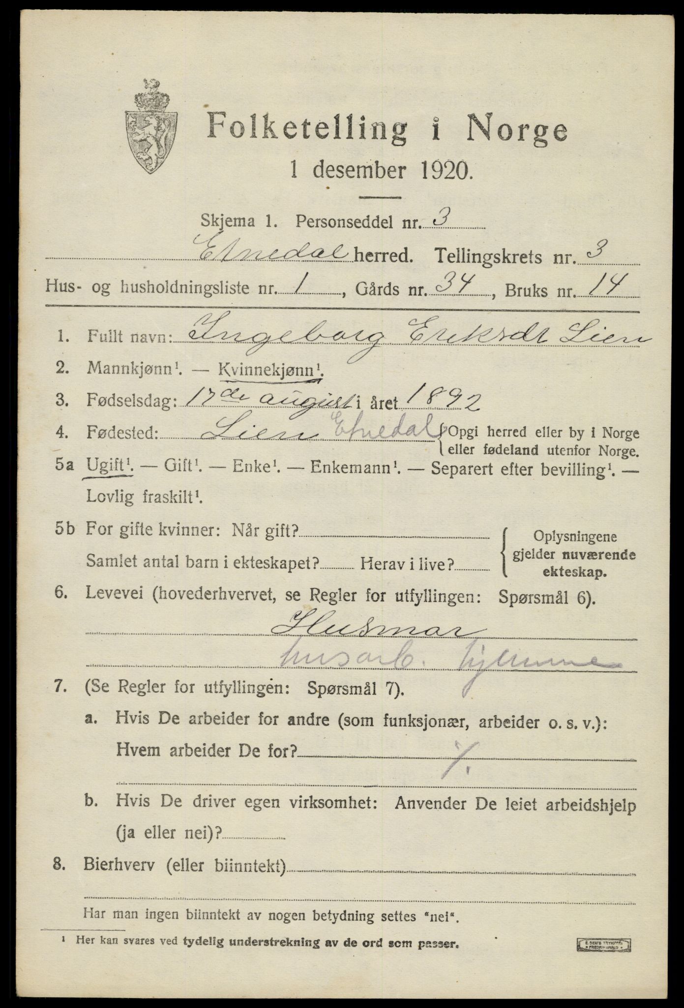 SAH, Folketelling 1920 for 0541 Etnedal herred, 1920, s. 1322