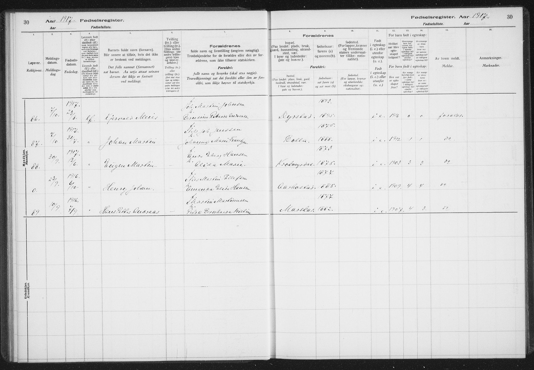 Ibestad sokneprestembete, AV/SATØ-S-0077/I/Ic/L0061: Fødselsregister nr. 61, 1917-1929, s. 30