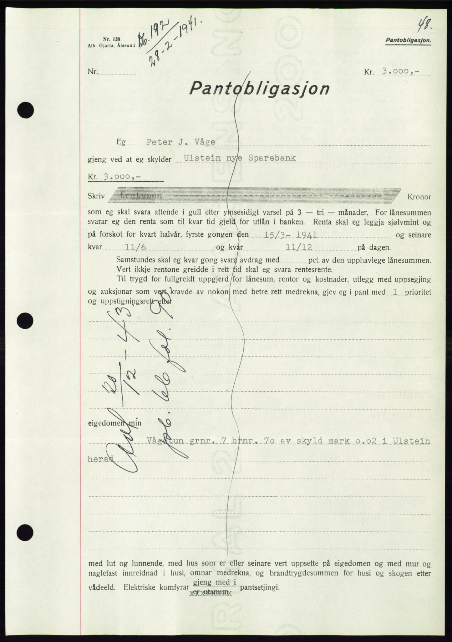 Søre Sunnmøre sorenskriveri, AV/SAT-A-4122/1/2/2C/L0071: Pantebok nr. 65, 1941-1941, Dagboknr: 192/1941