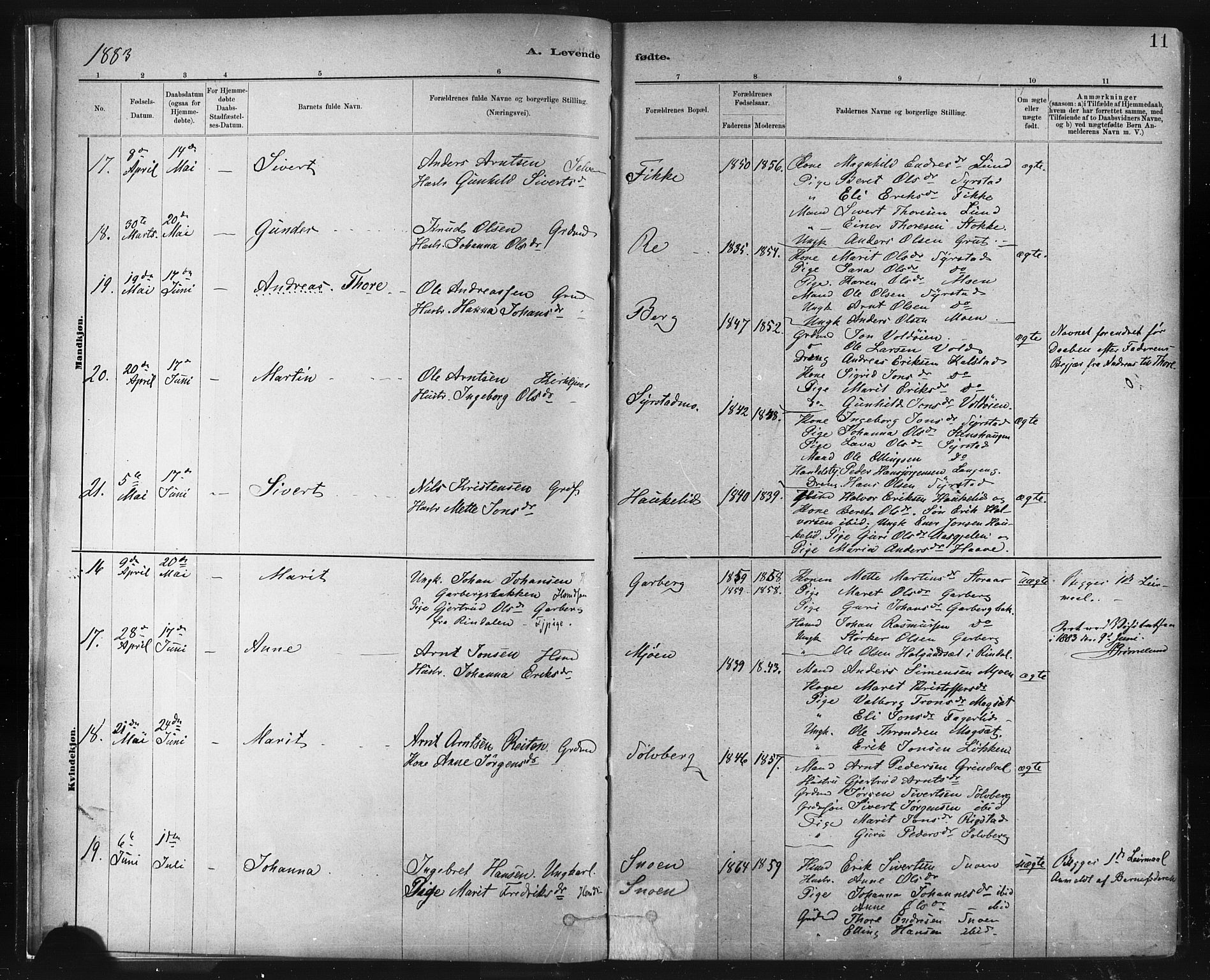 Ministerialprotokoller, klokkerbøker og fødselsregistre - Sør-Trøndelag, SAT/A-1456/672/L0857: Ministerialbok nr. 672A09, 1882-1893, s. 11
