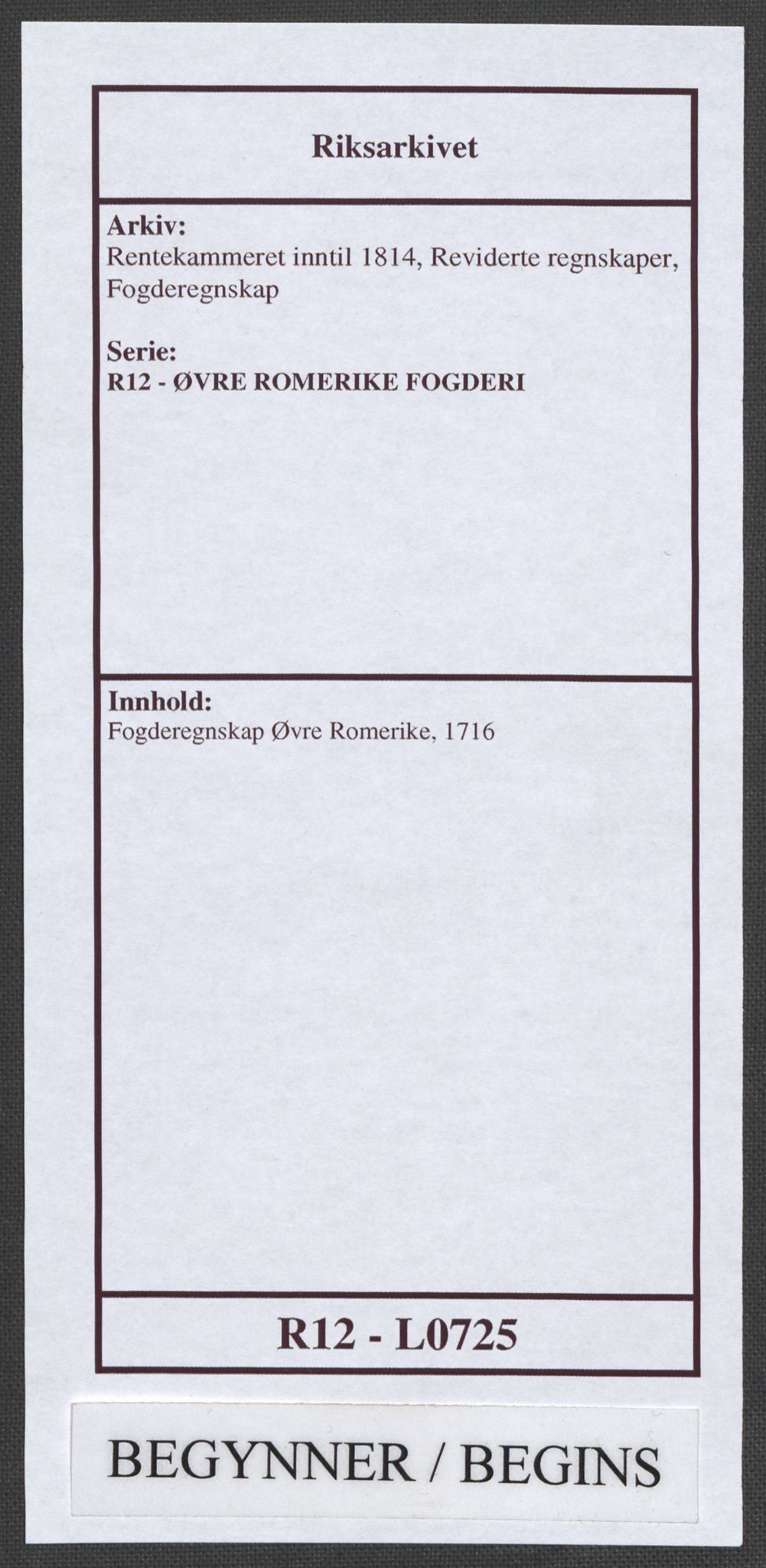 Rentekammeret inntil 1814, Reviderte regnskaper, Fogderegnskap, RA/EA-4092/R12/L0725: Fogderegnskap Øvre Romerike, 1716, s. 1