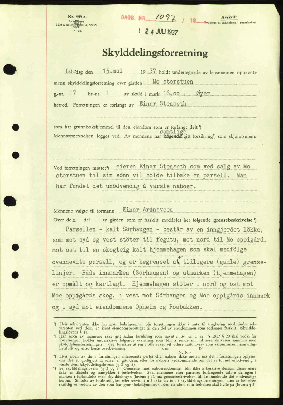 Sør-Gudbrandsdal tingrett, SAH/TING-004/H/Hb/Hbd/L0002: Pantebok nr. A2, 1936-1937, Dagboknr: 1097/1937