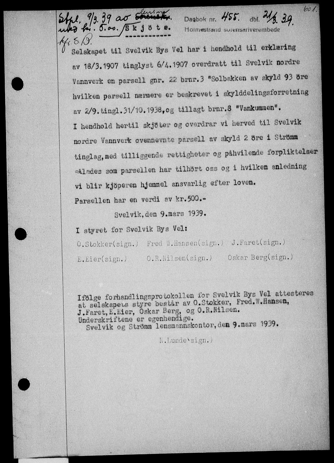Holmestrand sorenskriveri, SAKO/A-67/G/Ga/Gaa/L0050: Pantebok nr. A-50, 1938-1939, Dagboknr: 455/1939
