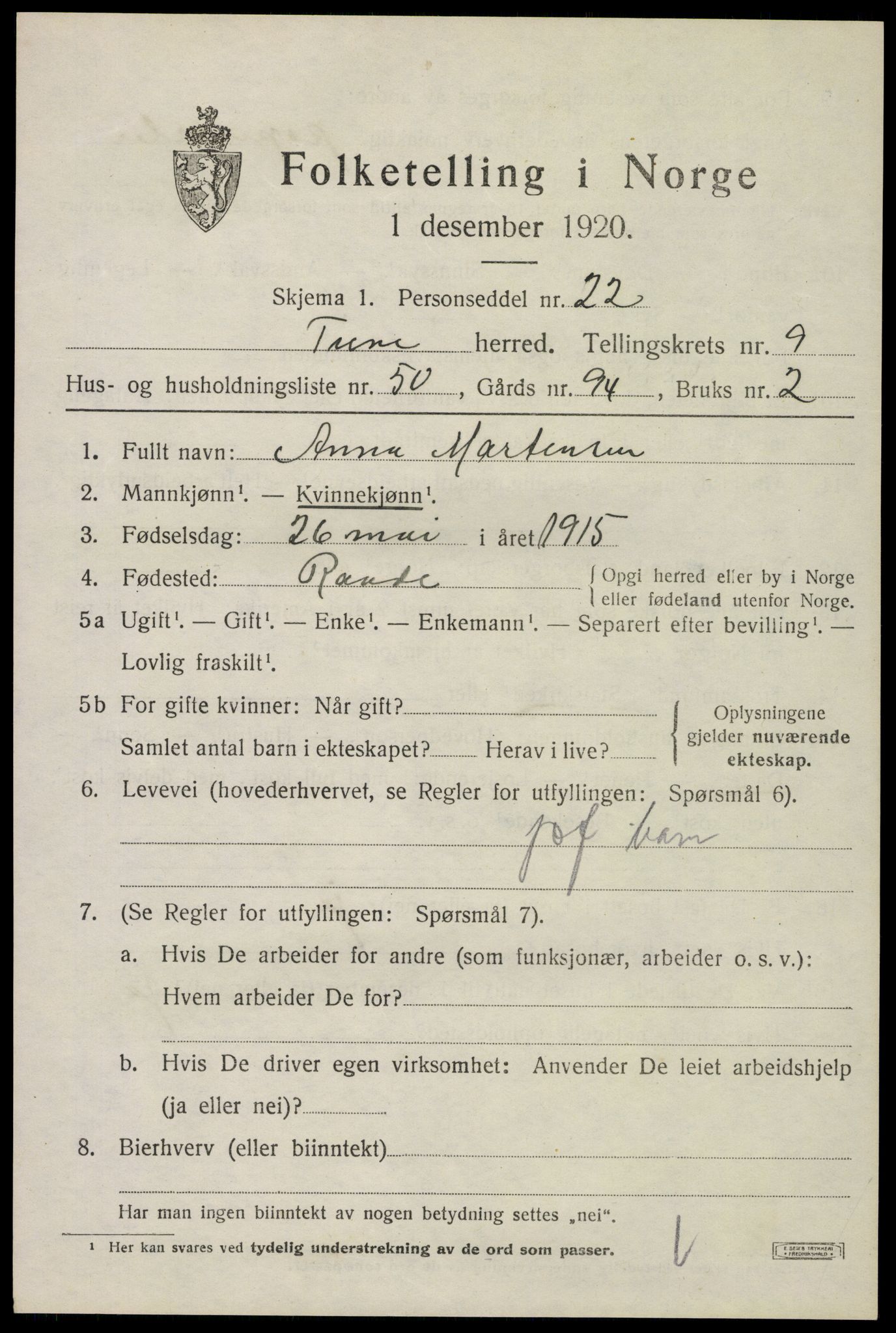 SAO, Folketelling 1920 for 0130 Tune herred, 1920, s. 10202