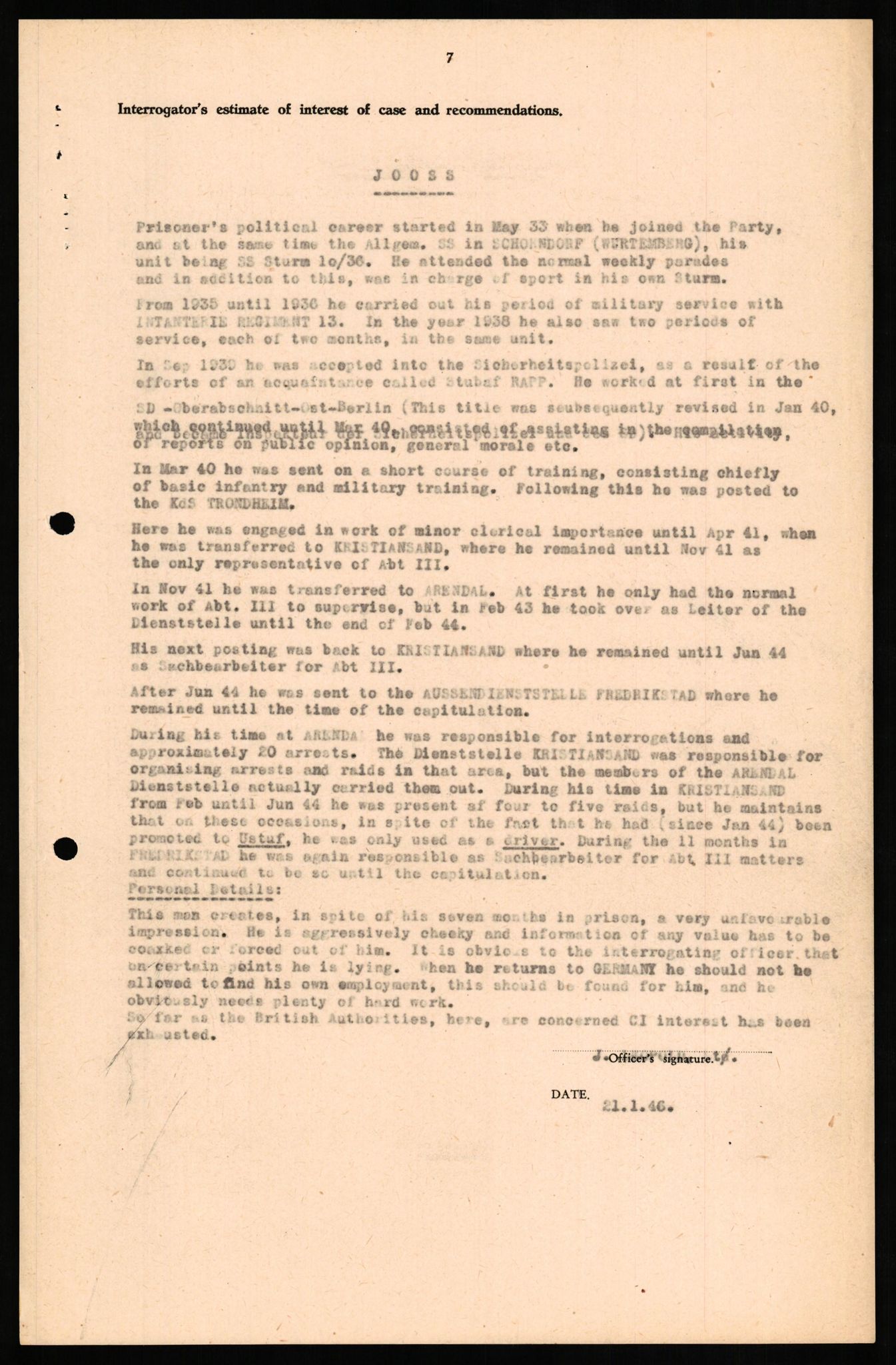 Forsvaret, Forsvarets overkommando II, AV/RA-RAFA-3915/D/Db/L0015: CI Questionaires. Tyske okkupasjonsstyrker i Norge. Tyskere., 1945-1946, s. 144